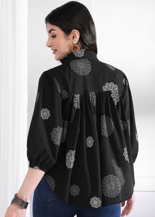Black Floral Printed Up down Cotton Top