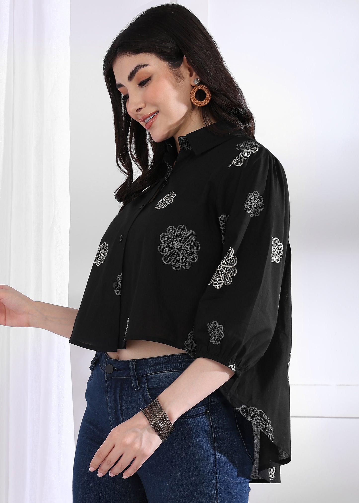 Black Floral Printed Up down Cotton Top