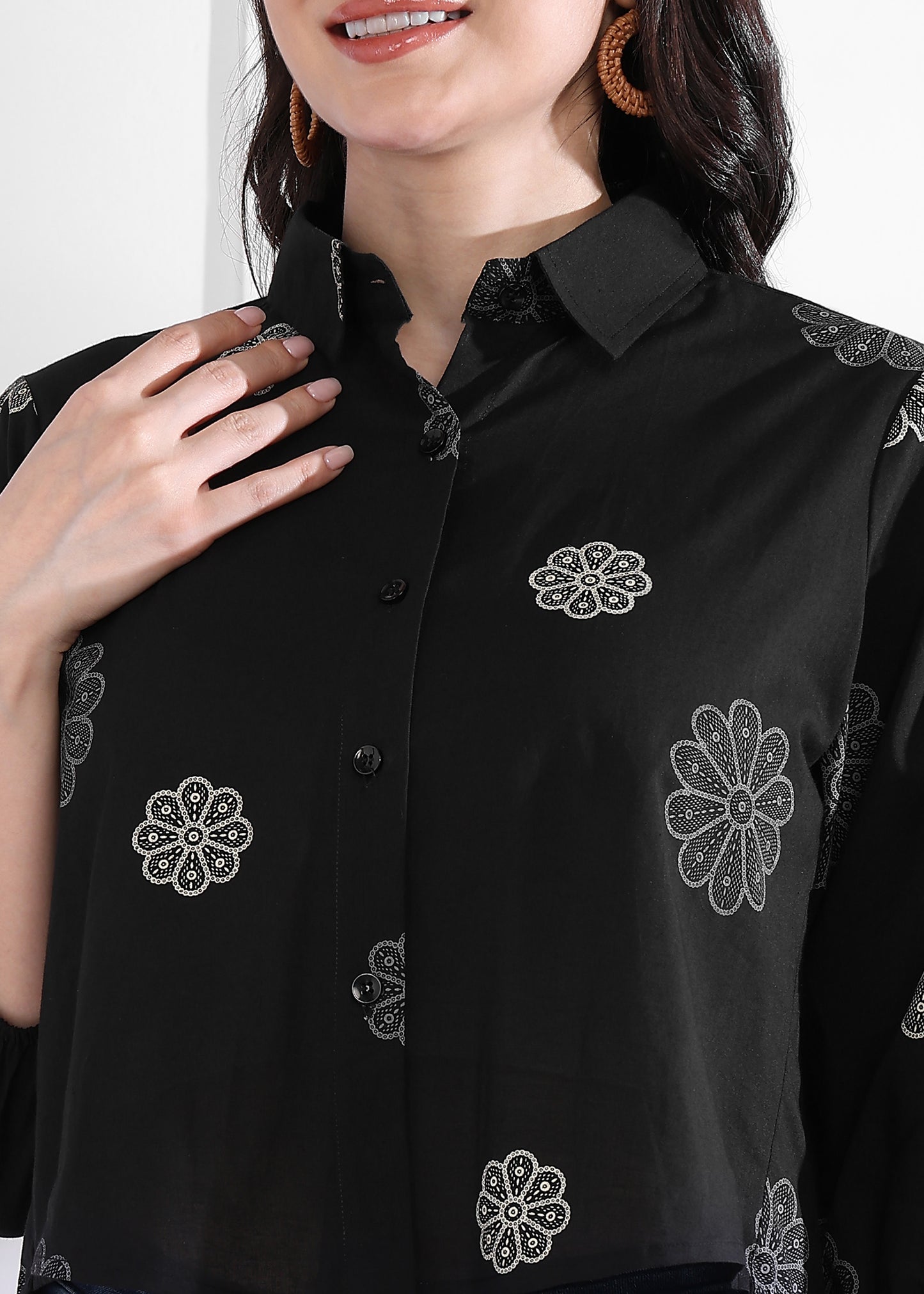 Black Floral Printed Up down Cotton Top