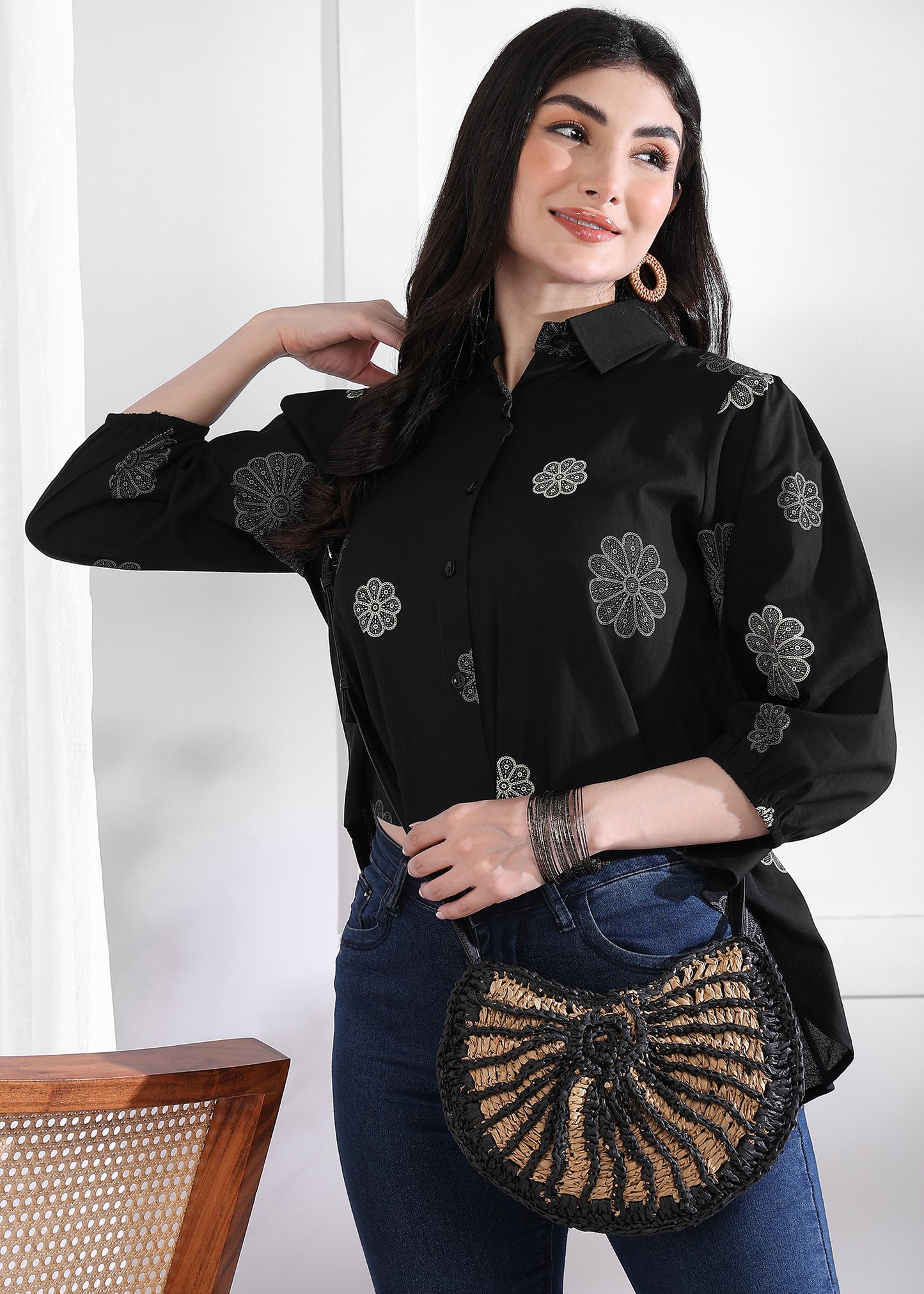 Black Floral Printed Up down Cotton Top