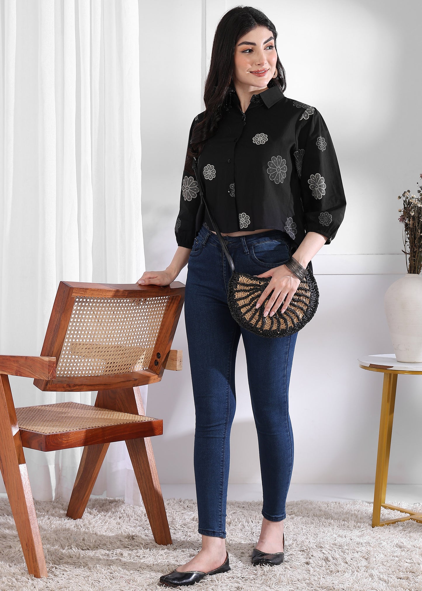 Black Floral Printed Up down Cotton Top
