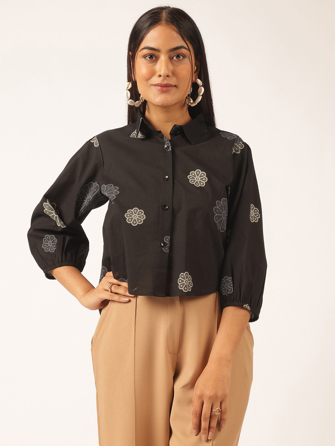 Black Floral Printed Up down Cotton Top
