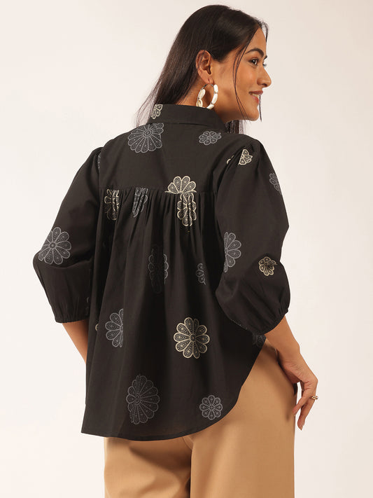 Black Floral Printed Up down Cotton Top