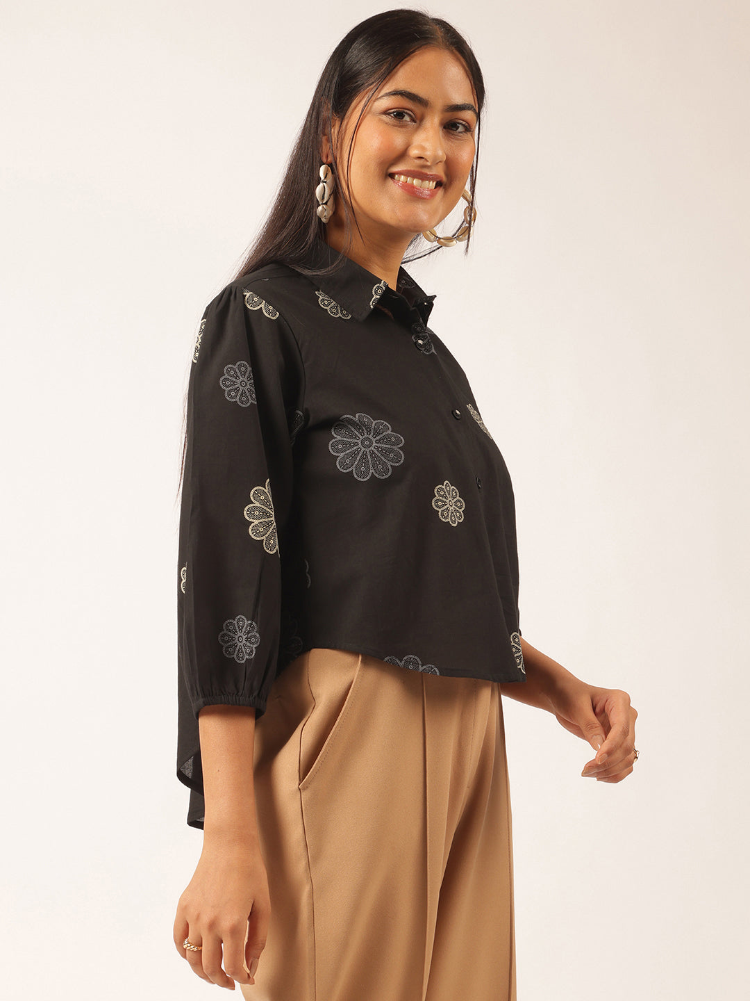 Black Floral Printed Up down Cotton Top