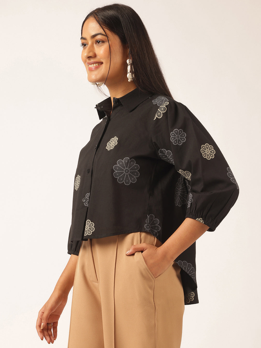 Black Floral Printed Up down Cotton Top