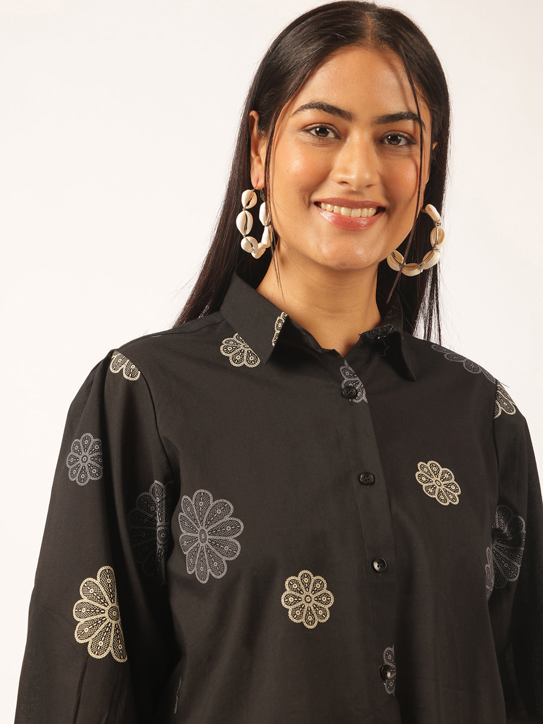 Black Floral Printed Up down Cotton Top