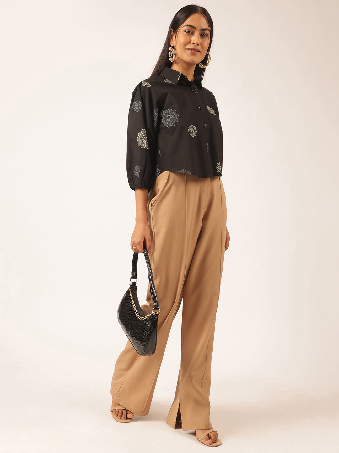 Black Floral Printed Up down Cotton Top