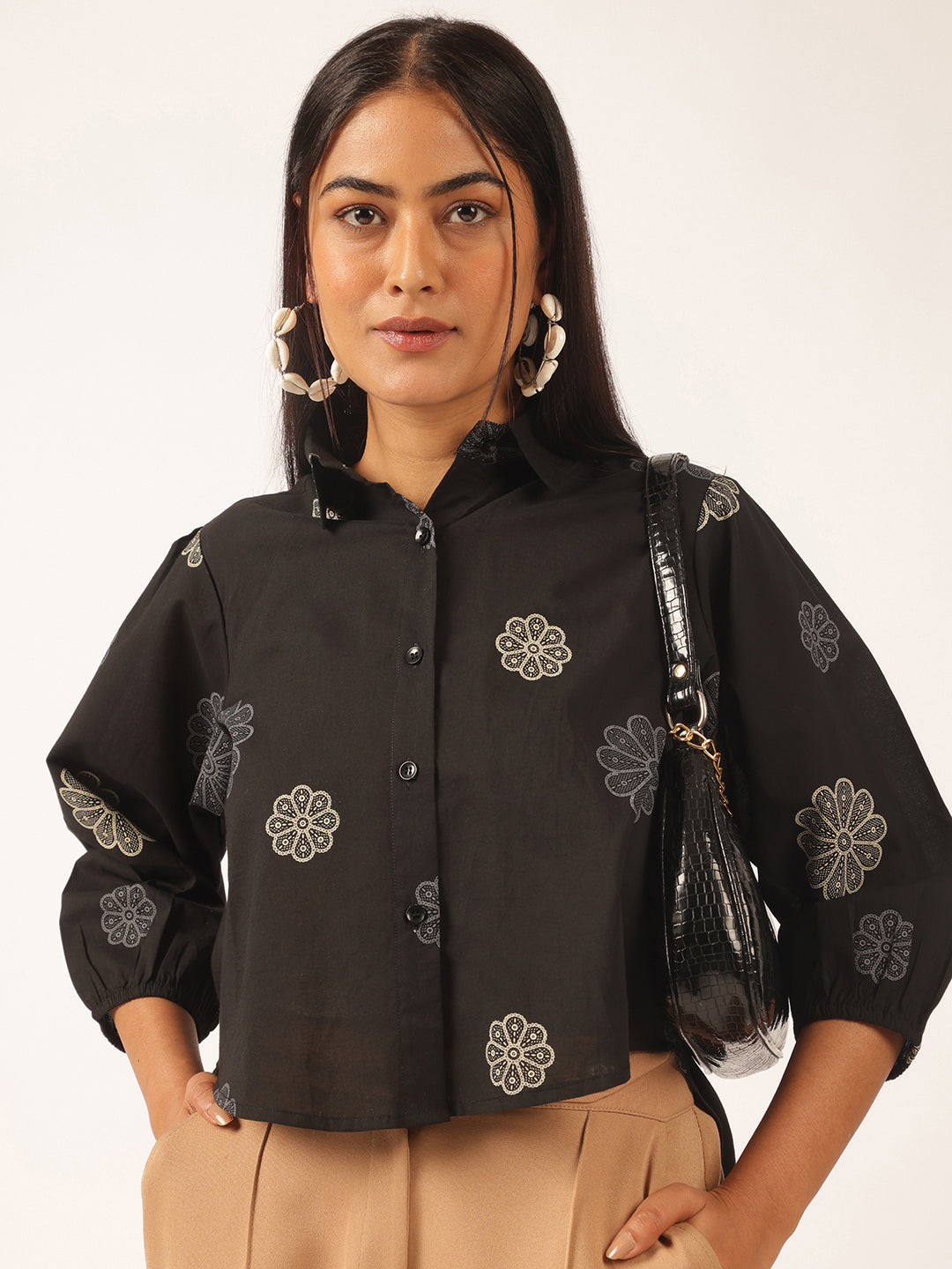 Black Floral Printed Up down Cotton Top