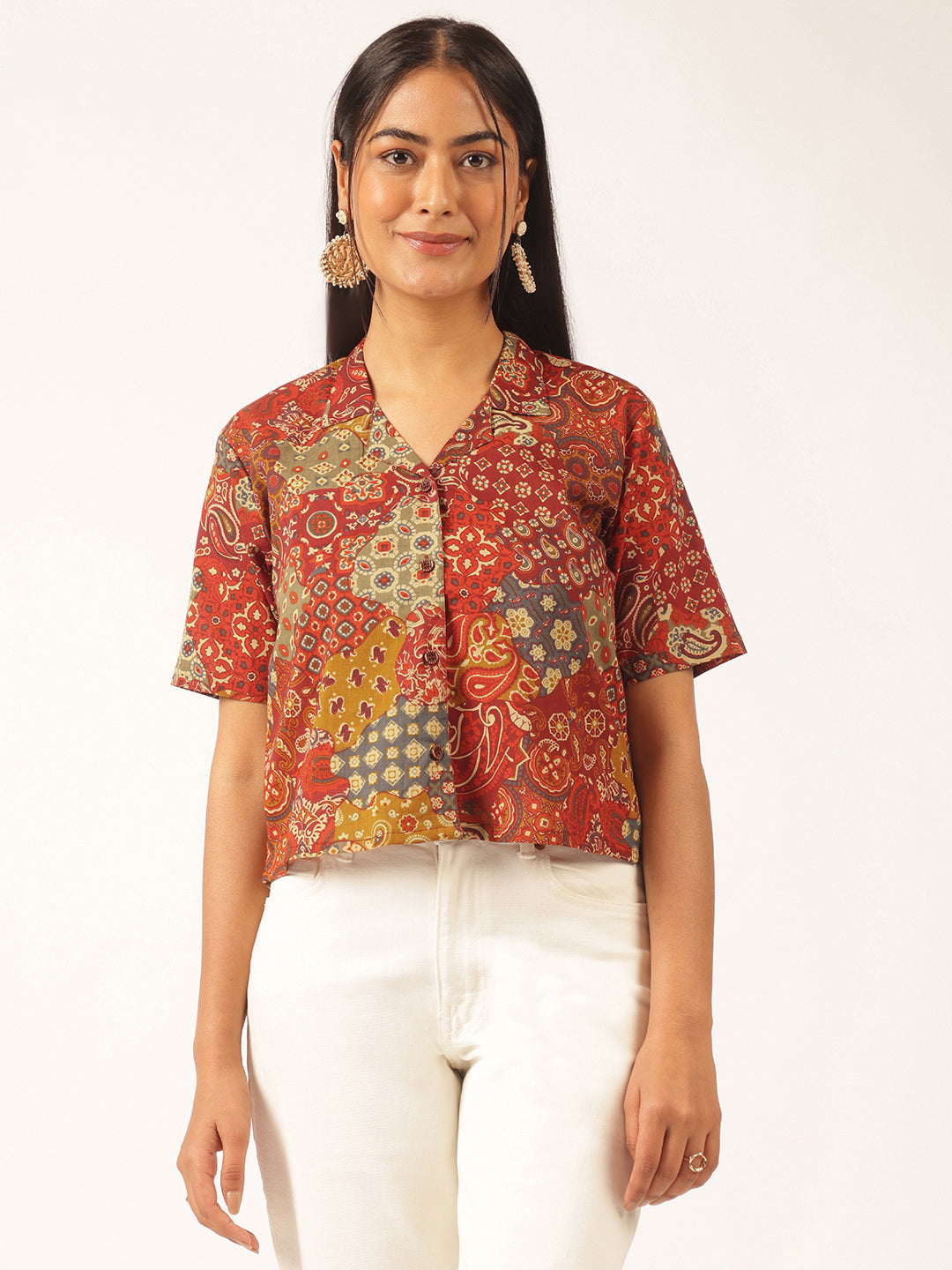 Multicolor Abstract Printed Shirt Style Cotton Top
