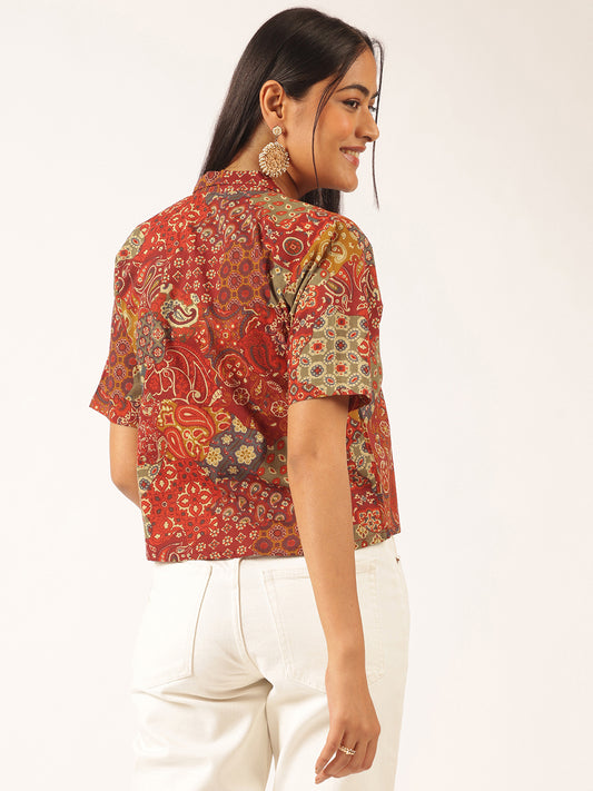 Multicolor Abstract Printed Shirt Style Cotton Top