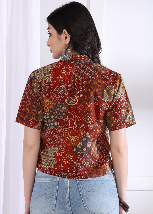 Multicolor Abstract Printed Shirt Style Cotton Top