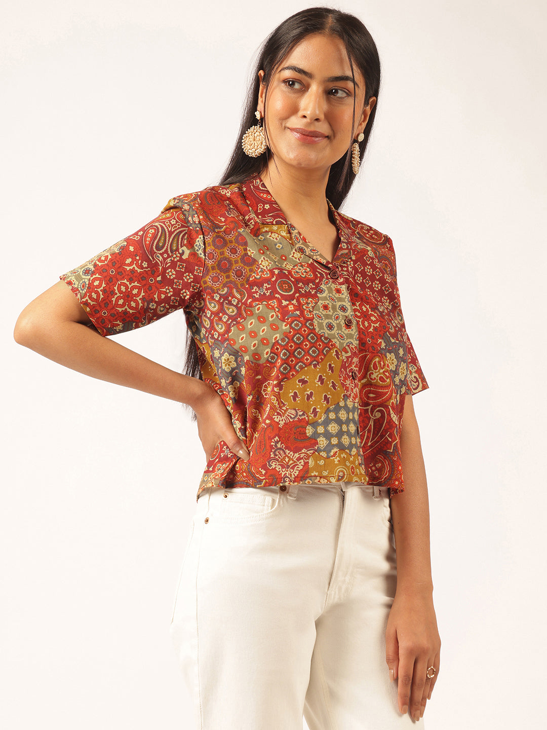 Multicolor Abstract Printed Shirt Style Cotton Top
