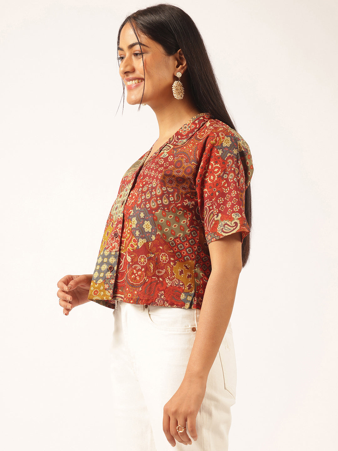 Multicolor Abstract Printed Shirt Style Cotton Top
