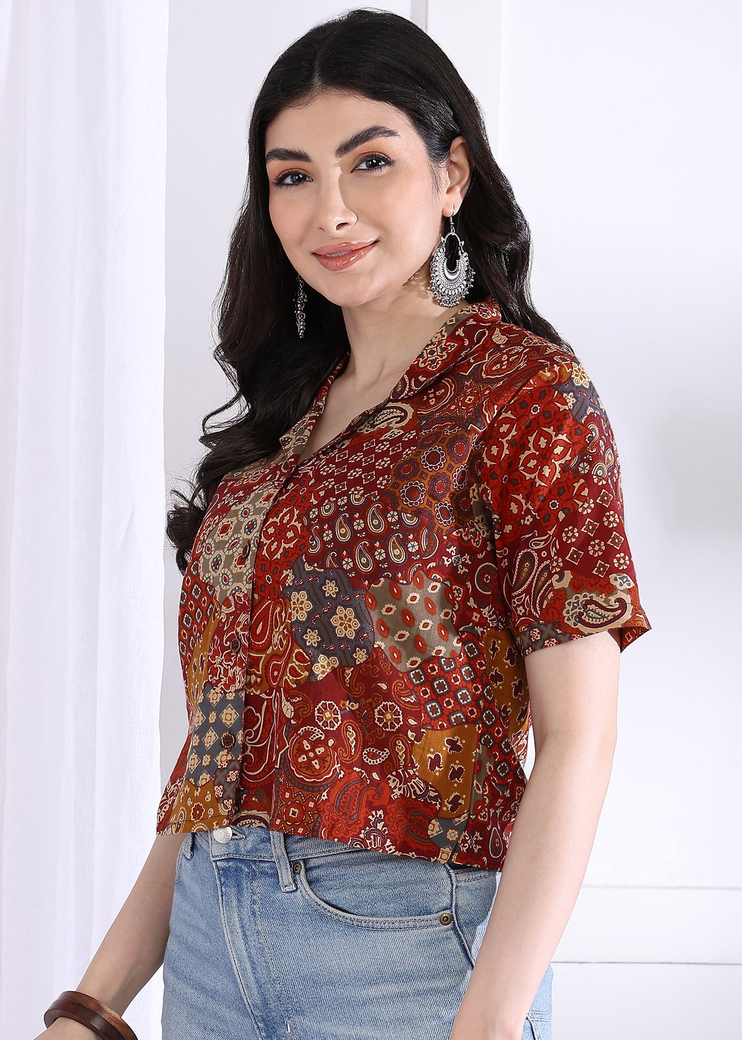 Multicolor Abstract Printed Shirt Style Cotton Top