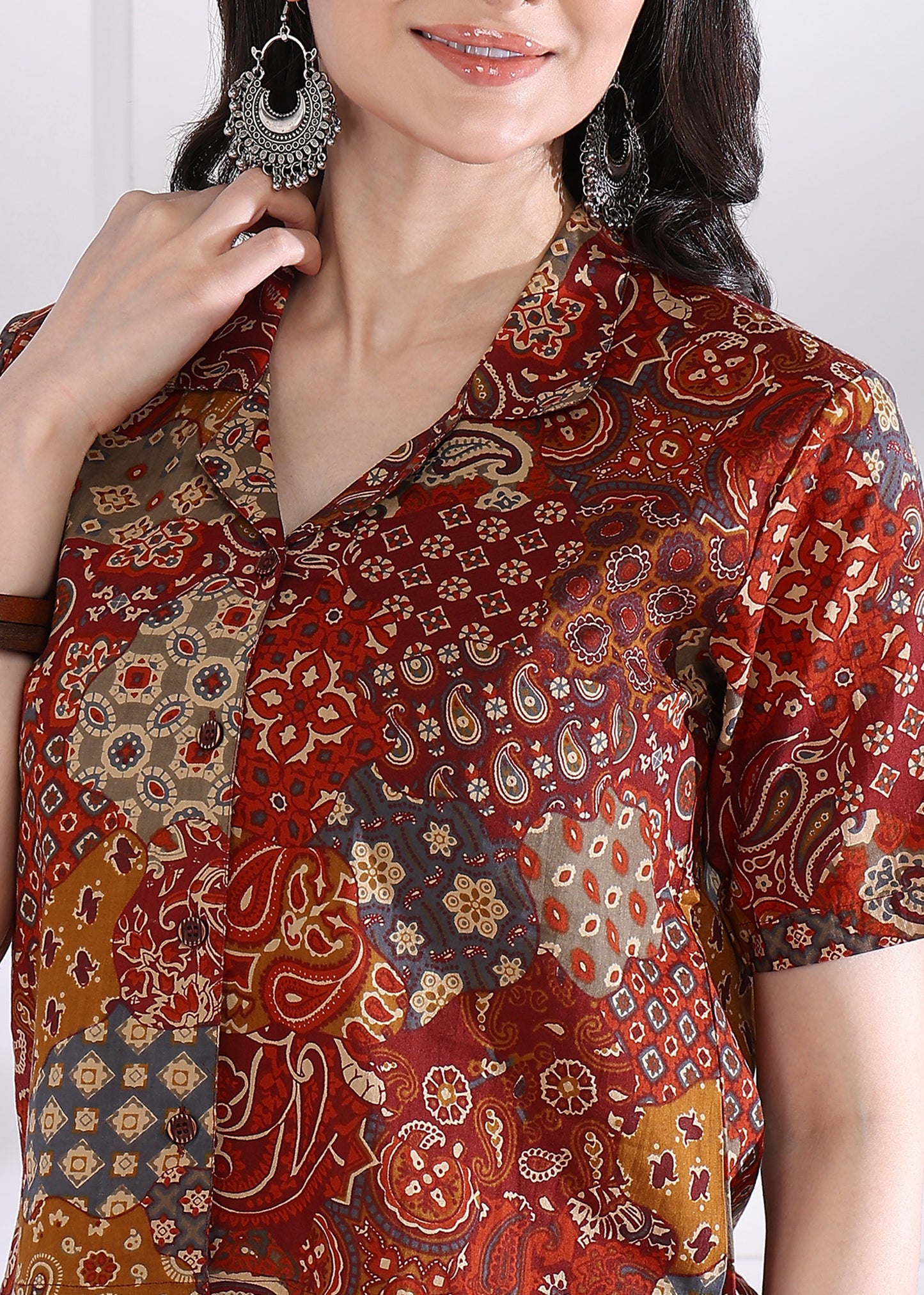 Multicolor Abstract Printed Shirt Style Cotton Top