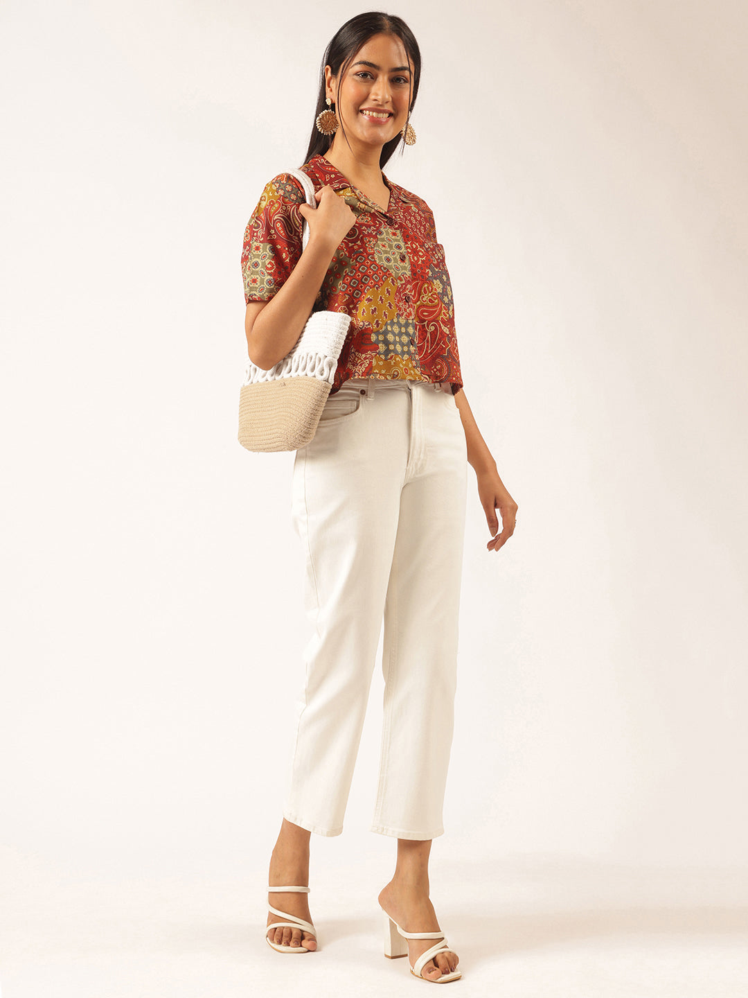 Multicolor Abstract Printed Shirt Style Cotton Top