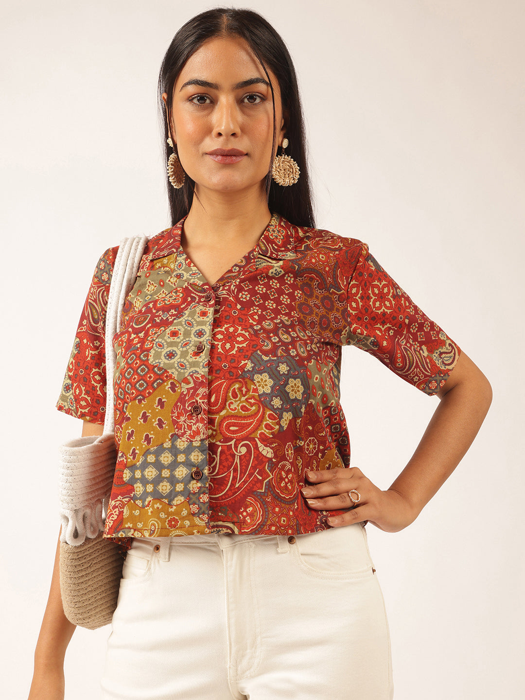 Multicolor Abstract Printed Shirt Style Cotton Top