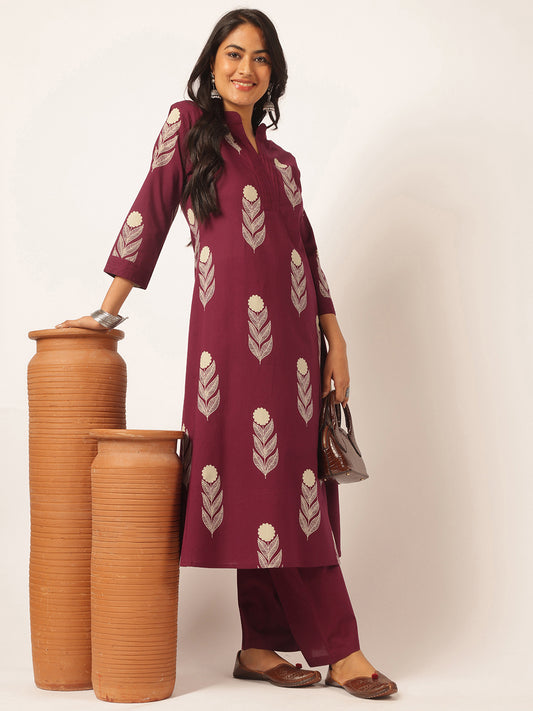 Purple Cotton Floral Printed A-Line Kurta Set