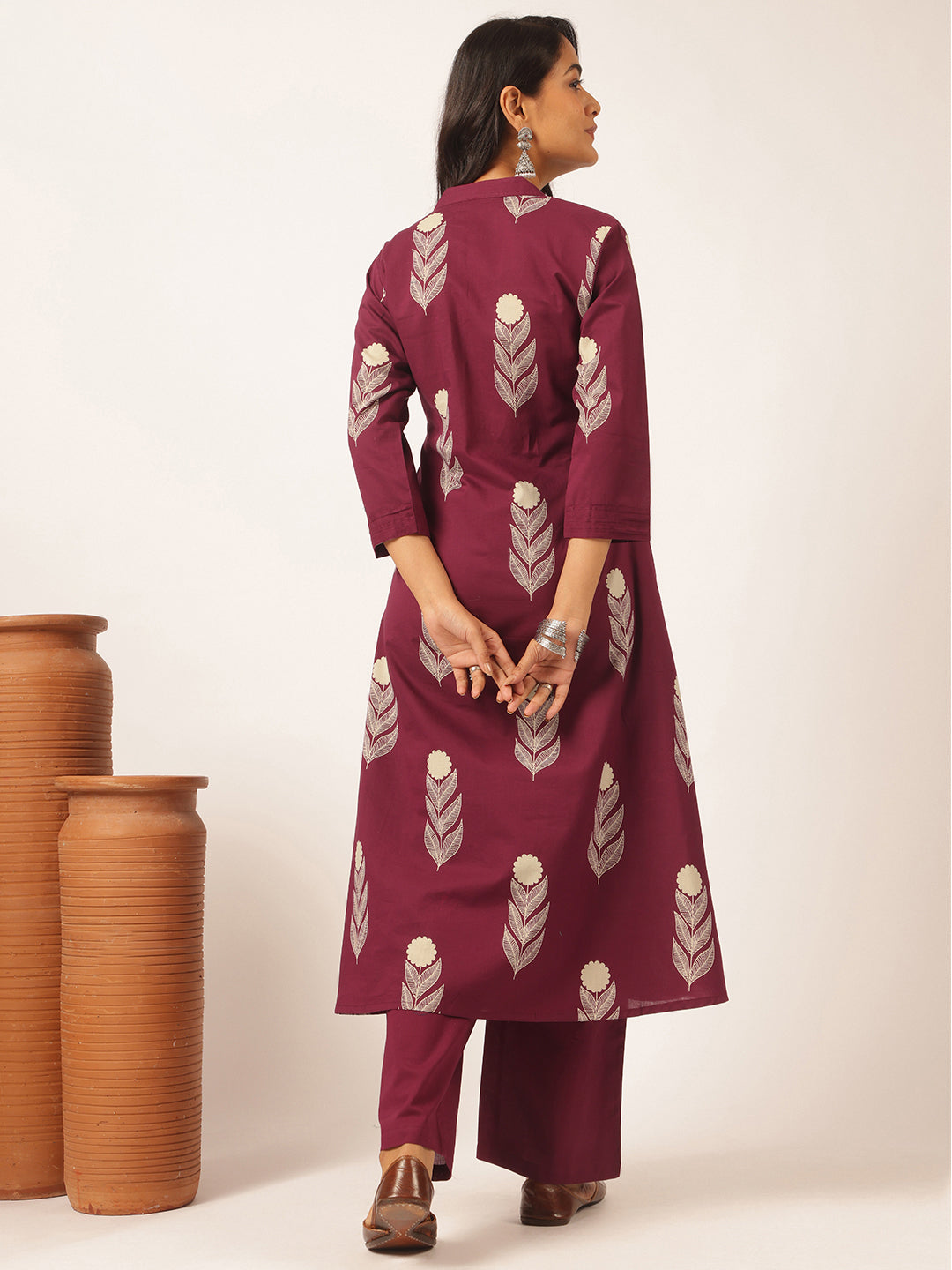 Purple Cotton Floral Printed A-Line Kurta Set