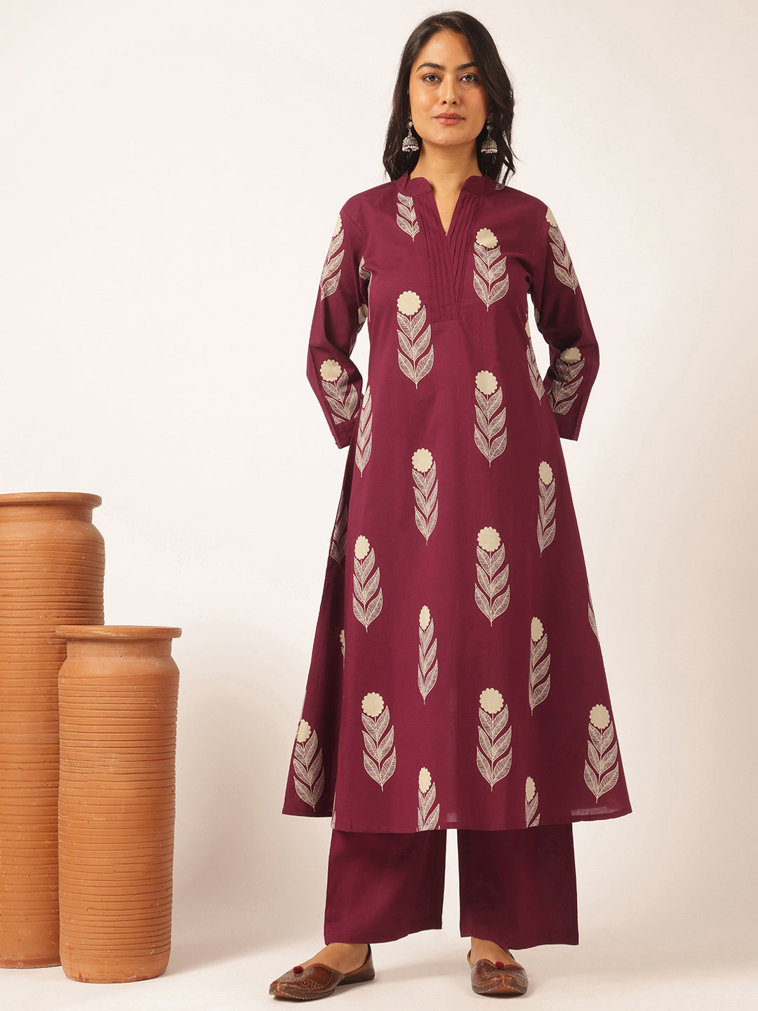 Purple Cotton Floral Printed A-Line Kurta Set