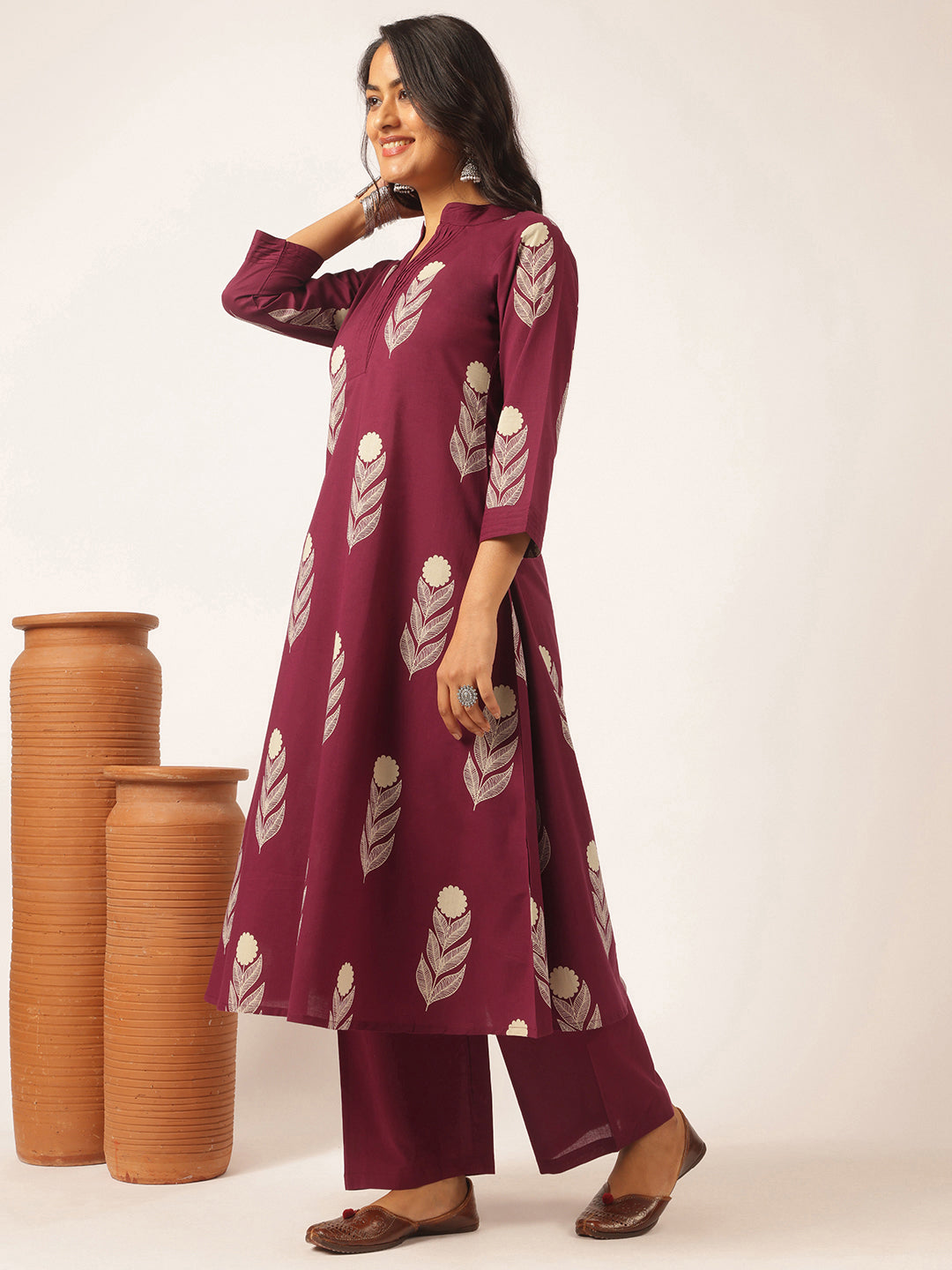 Purple Cotton Floral Printed A-Line Kurta Set