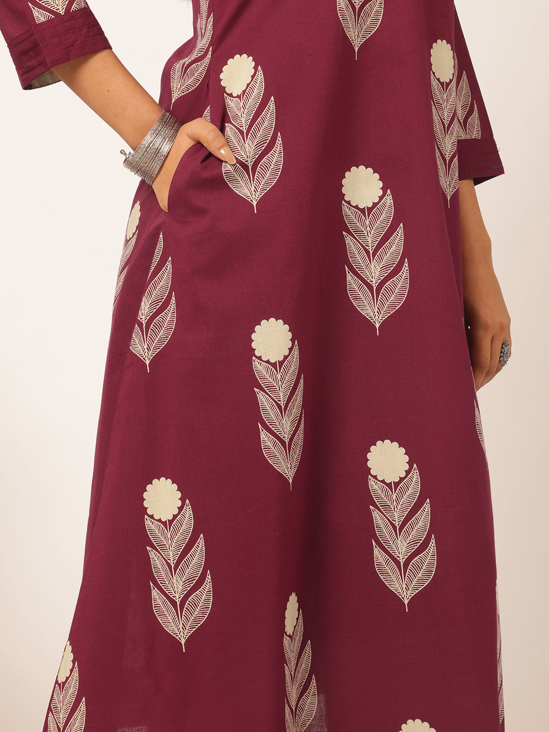 Purple Cotton Floral Printed A-Line Kurta Set