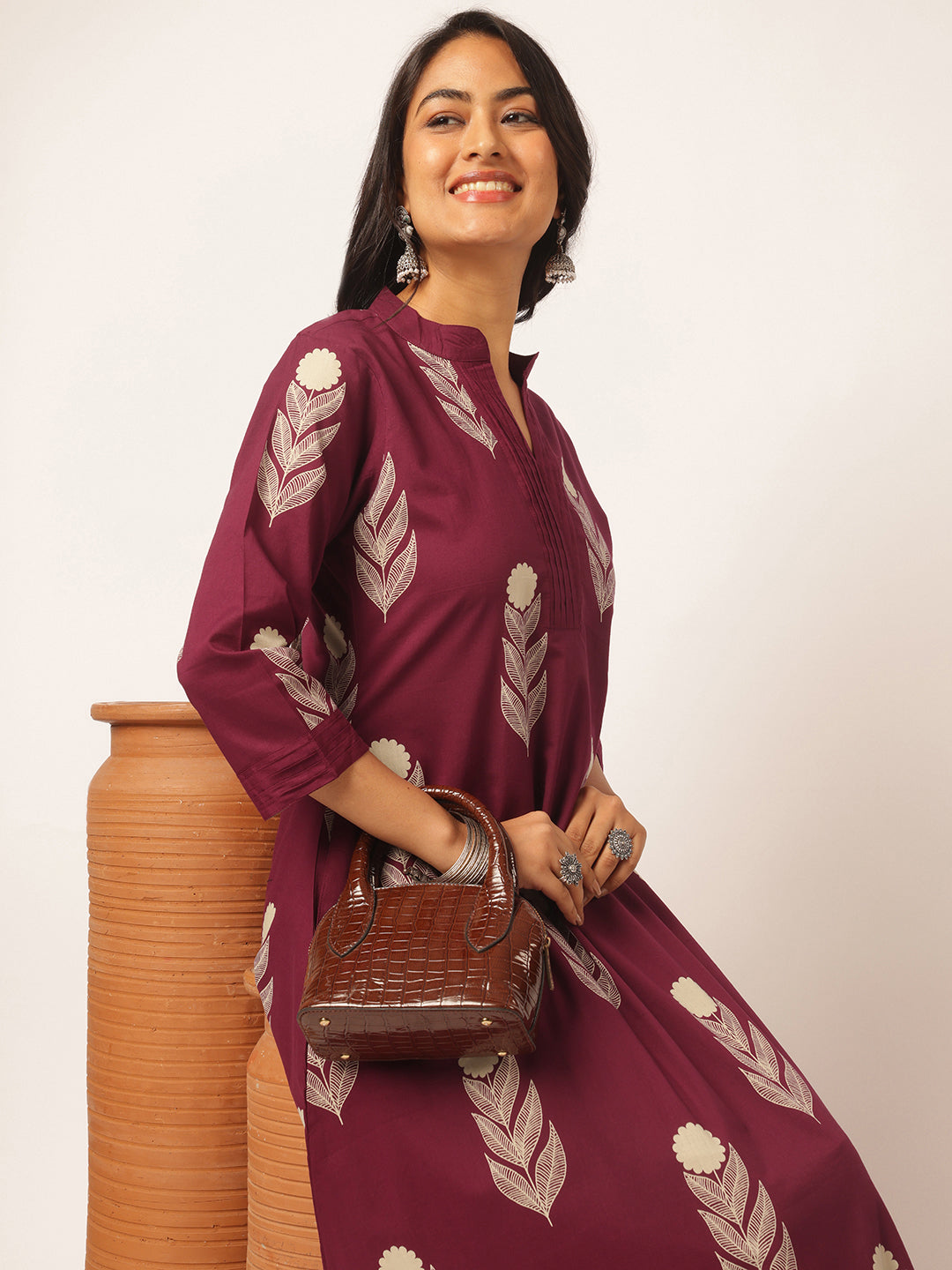 Purple Cotton Floral Printed A-Line Kurta Set