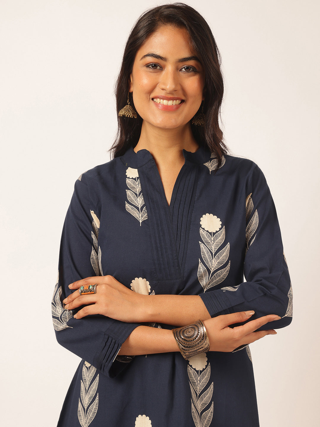 Navy blue Cotton Floral Printed A-Line Kurta Set