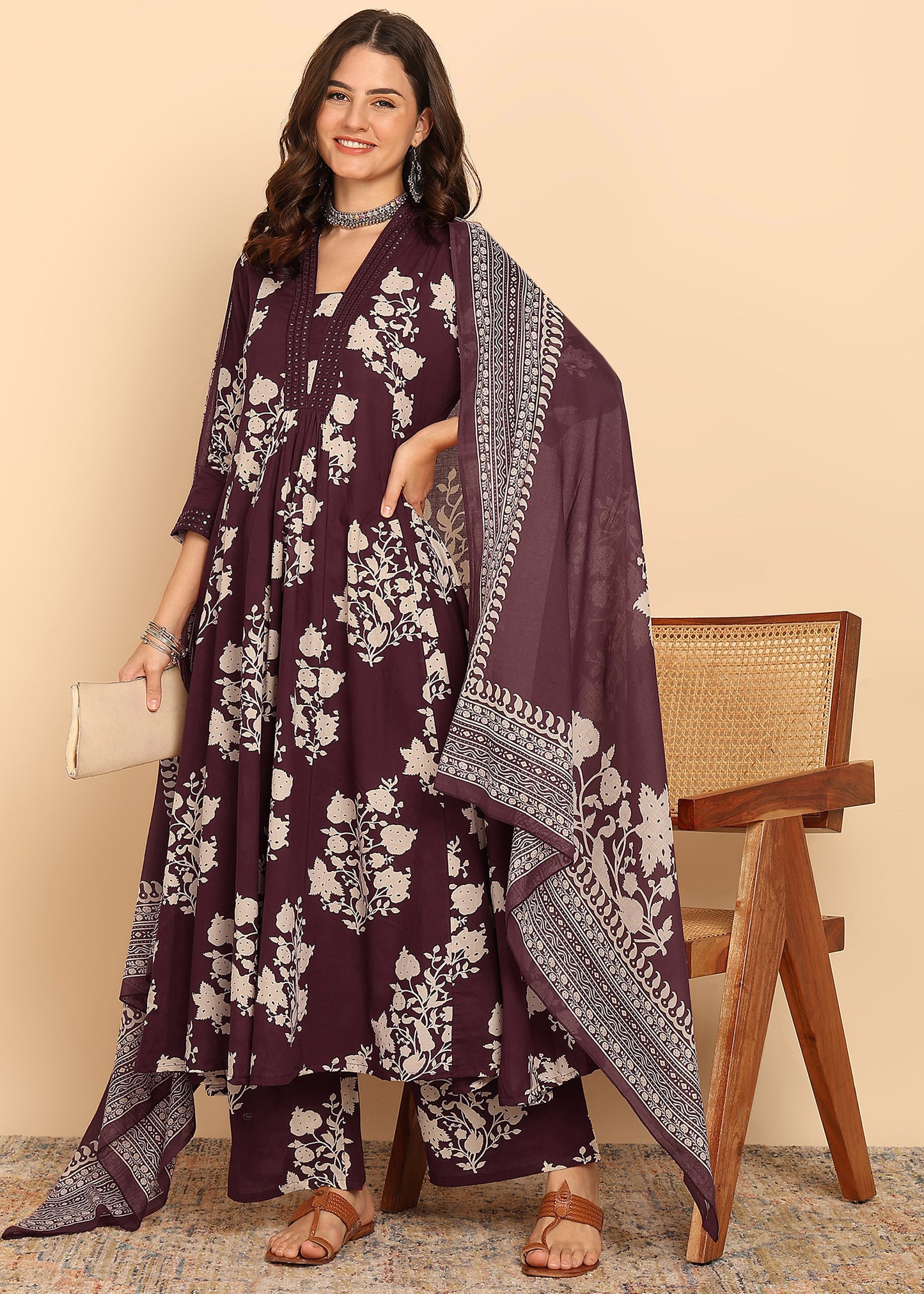 Wine Floral Printed Anarakali Cotton Stitched Kurta, Palazzo With Dupatta