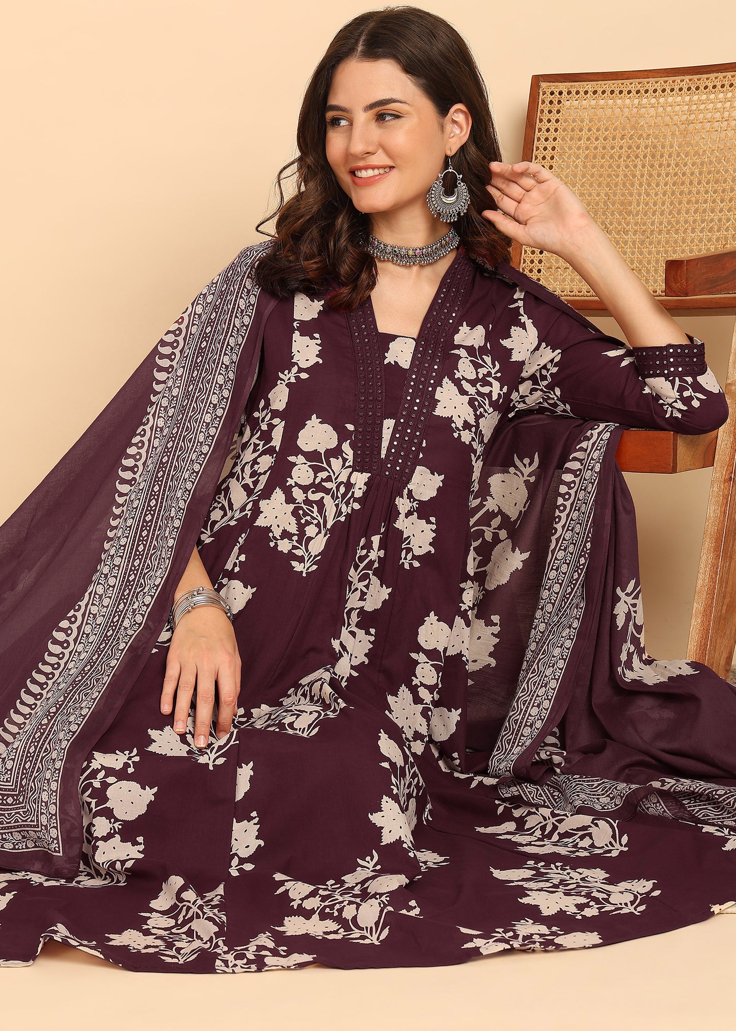 Wine Floral Printed Anarakali Cotton Stitched Kurta, Palazzo With Dupatta