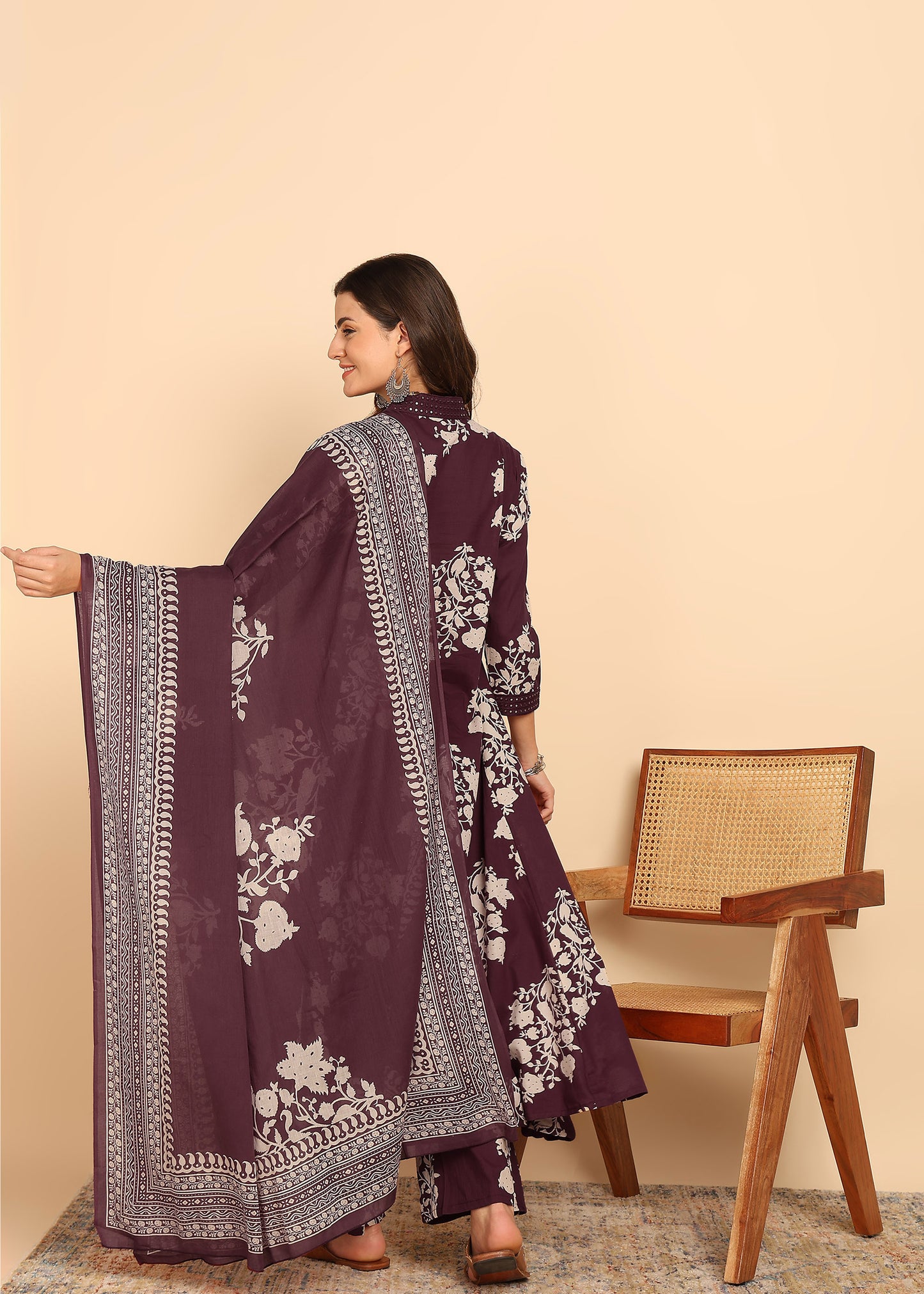 Wine Floral Printed Anarakali Cotton Stitched Kurta, Palazzo With Dupatta