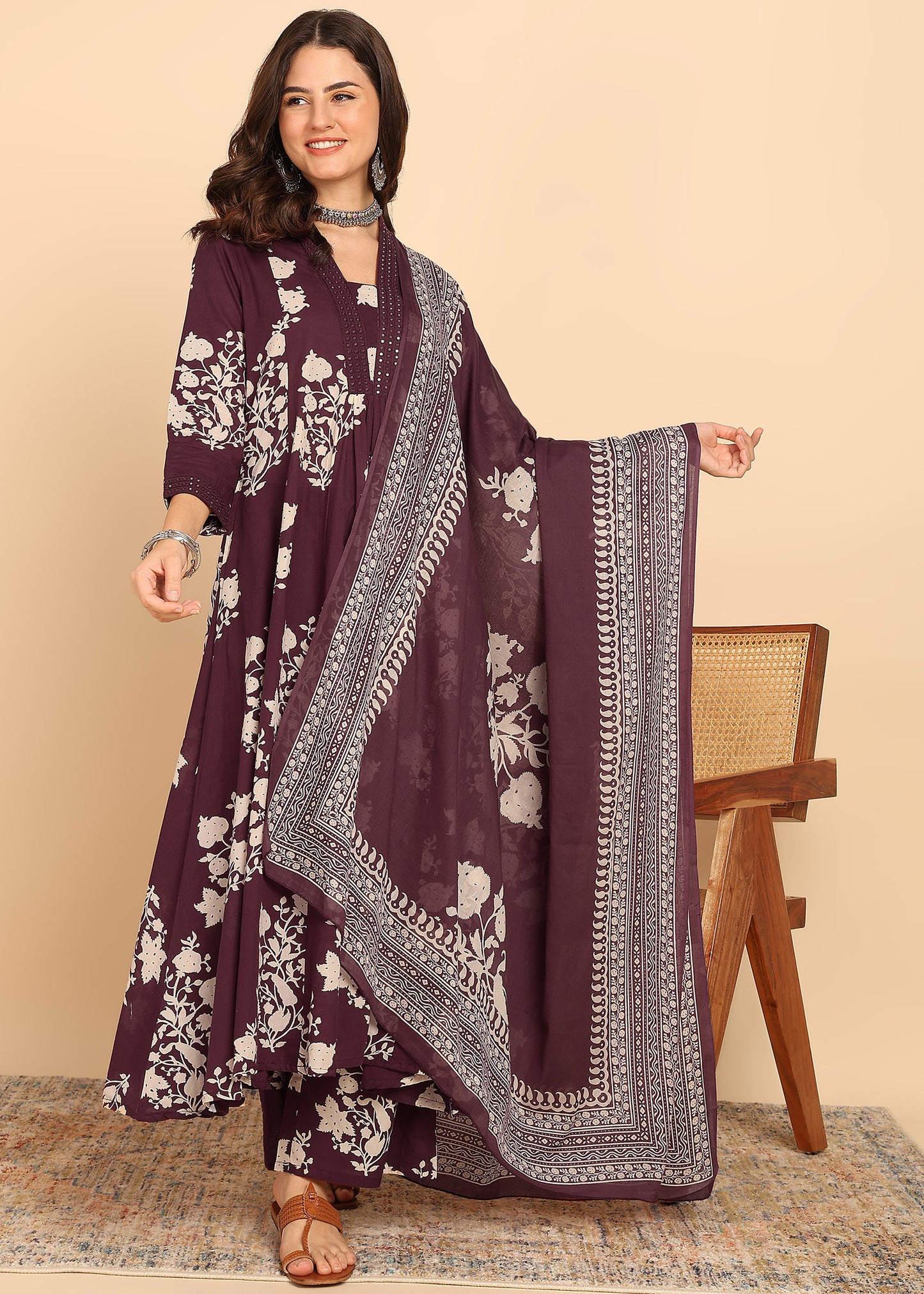 Wine Floral Printed Anarakali Cotton Stitched Kurta, Palazzo With Dupatta