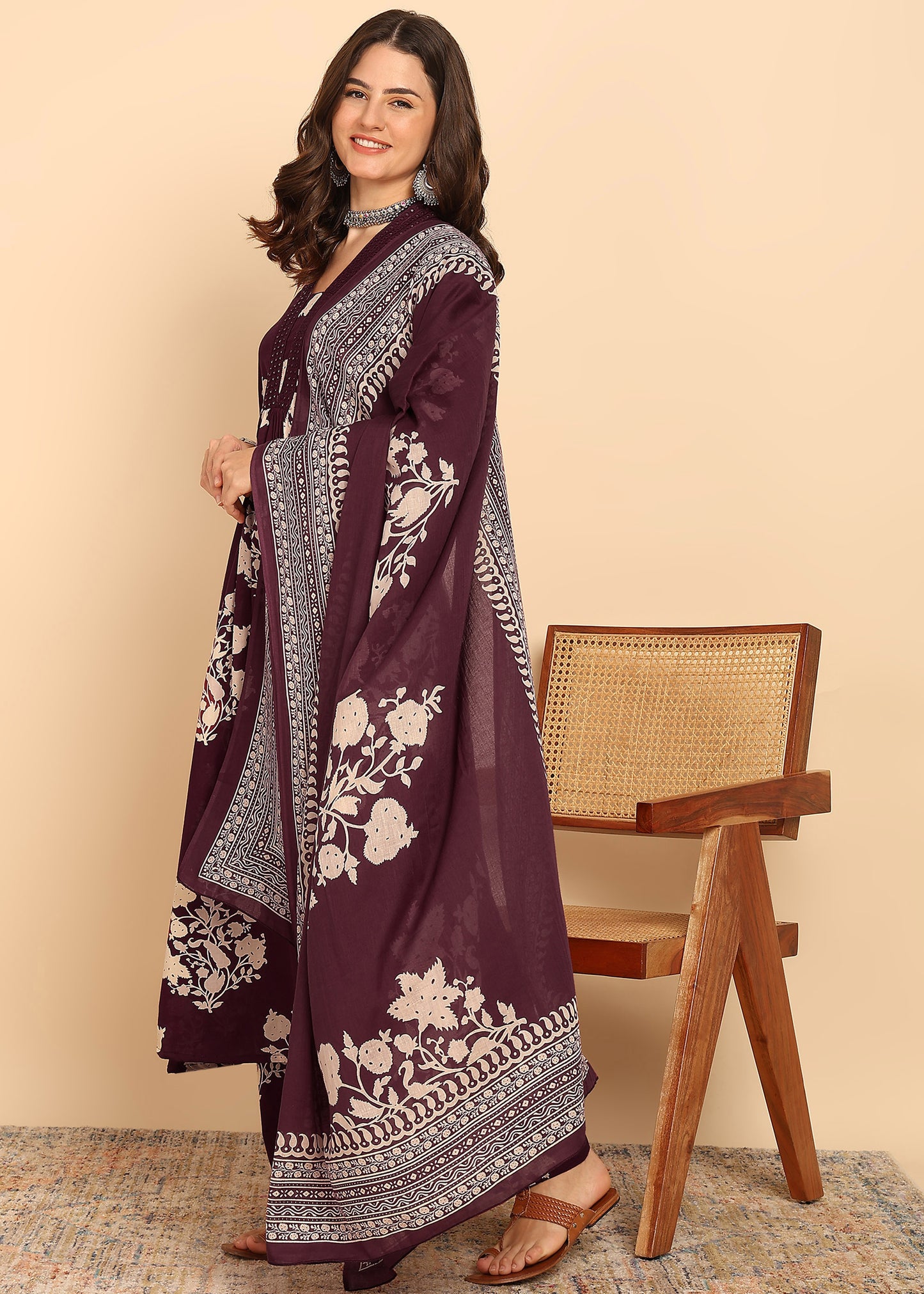 Wine Floral Printed Anarakali Cotton Stitched Kurta, Palazzo With Dupatta
