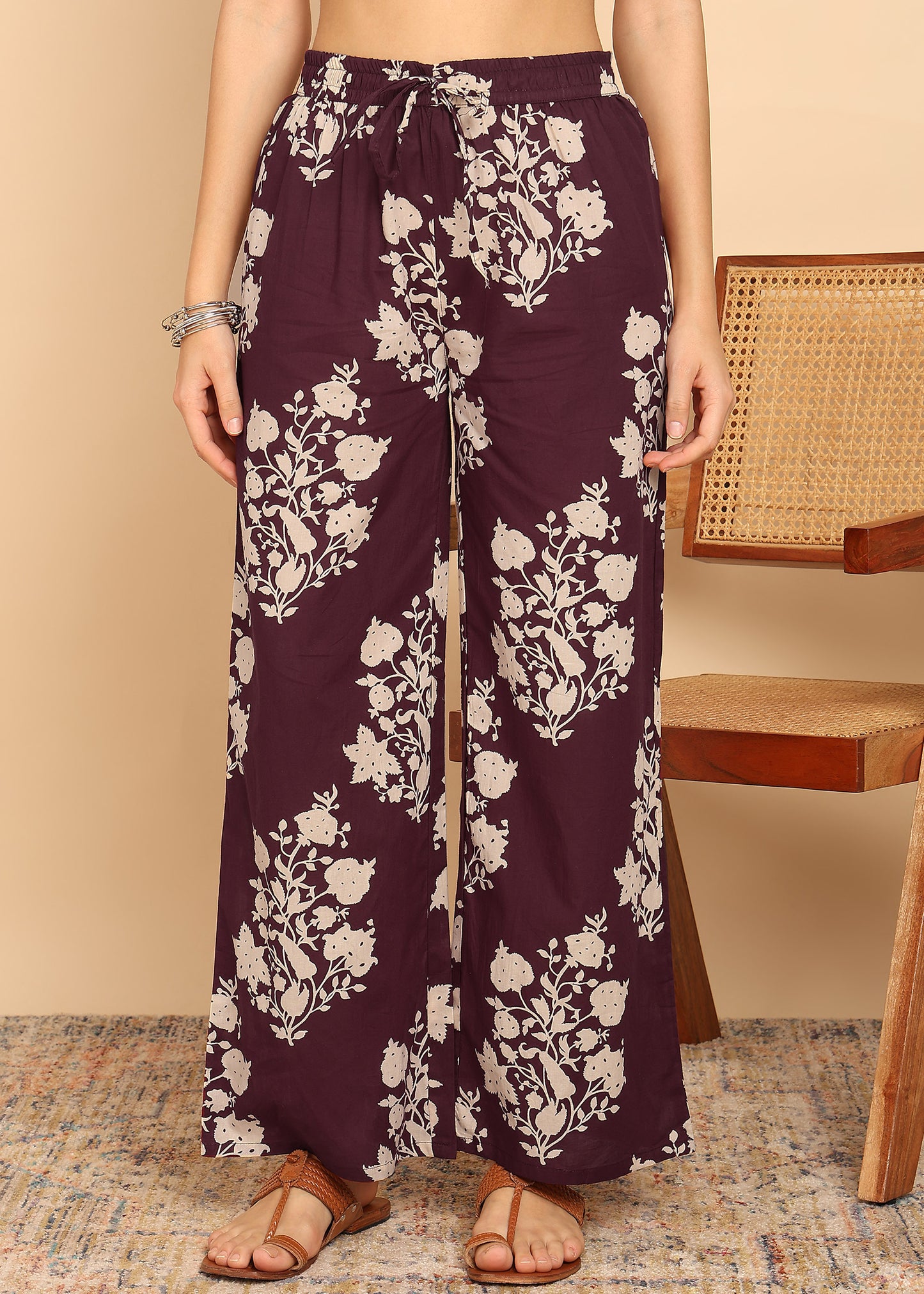 Wine Floral Printed Anarakali Cotton Stitched Kurta, Palazzo With Dupatta
