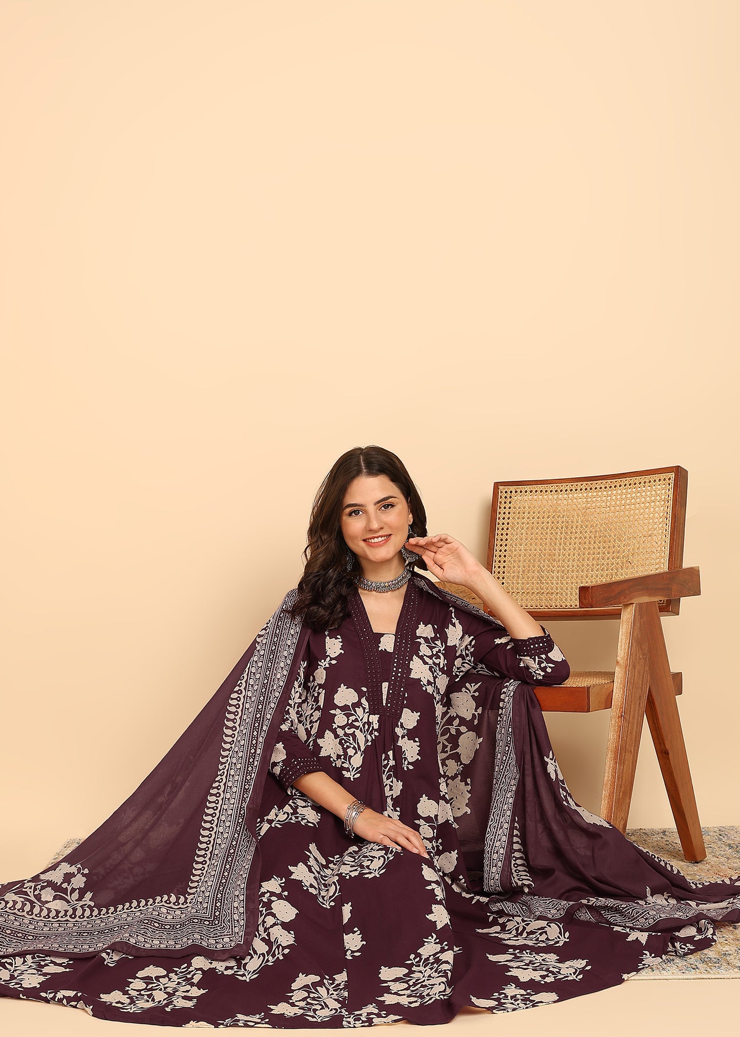 Wine Floral Printed Anarakali Cotton Stitched Kurta, Palazzo With Dupatta
