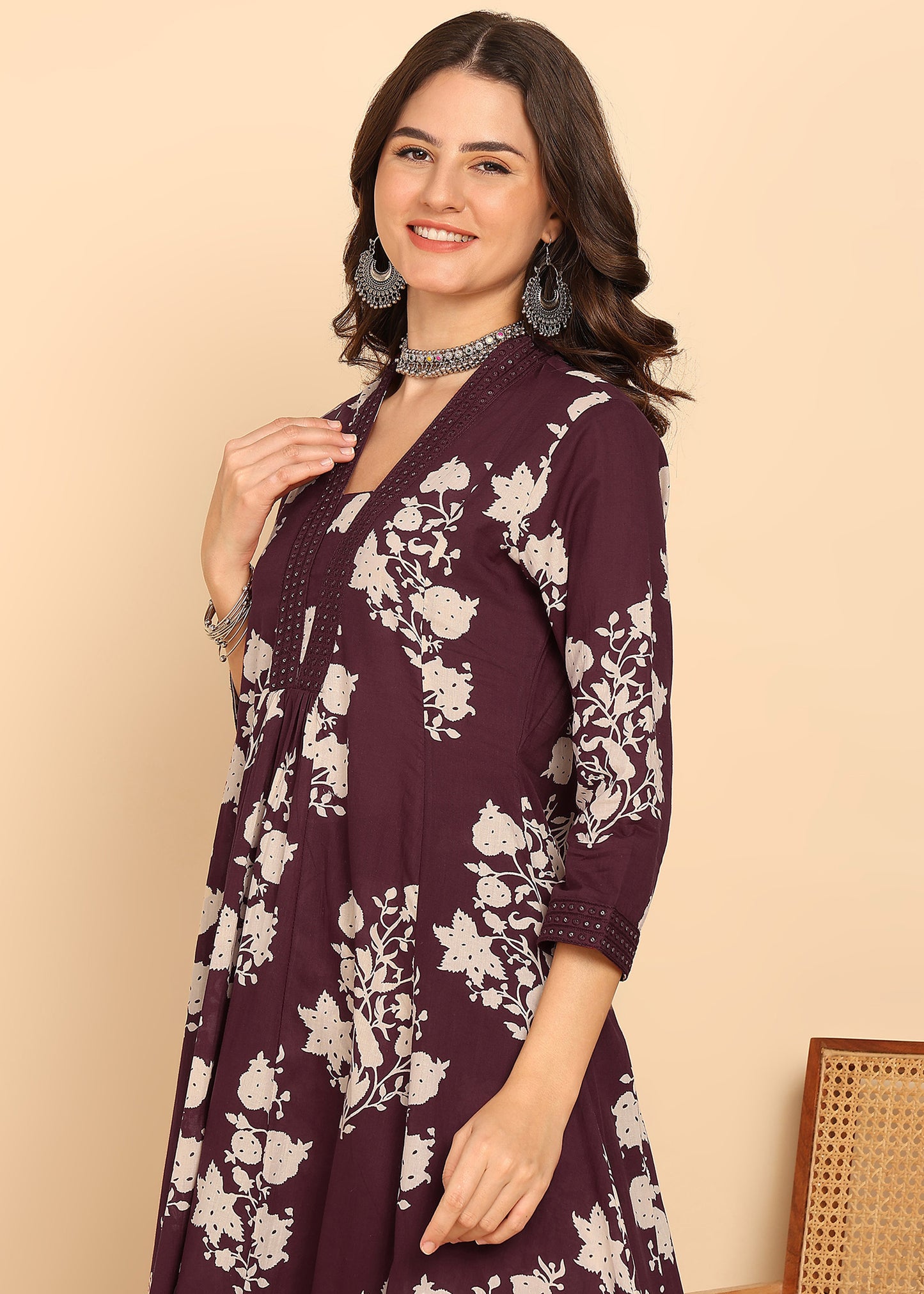 Wine Floral Printed Anarakali Cotton Stitched Kurta, Palazzo With Dupatta