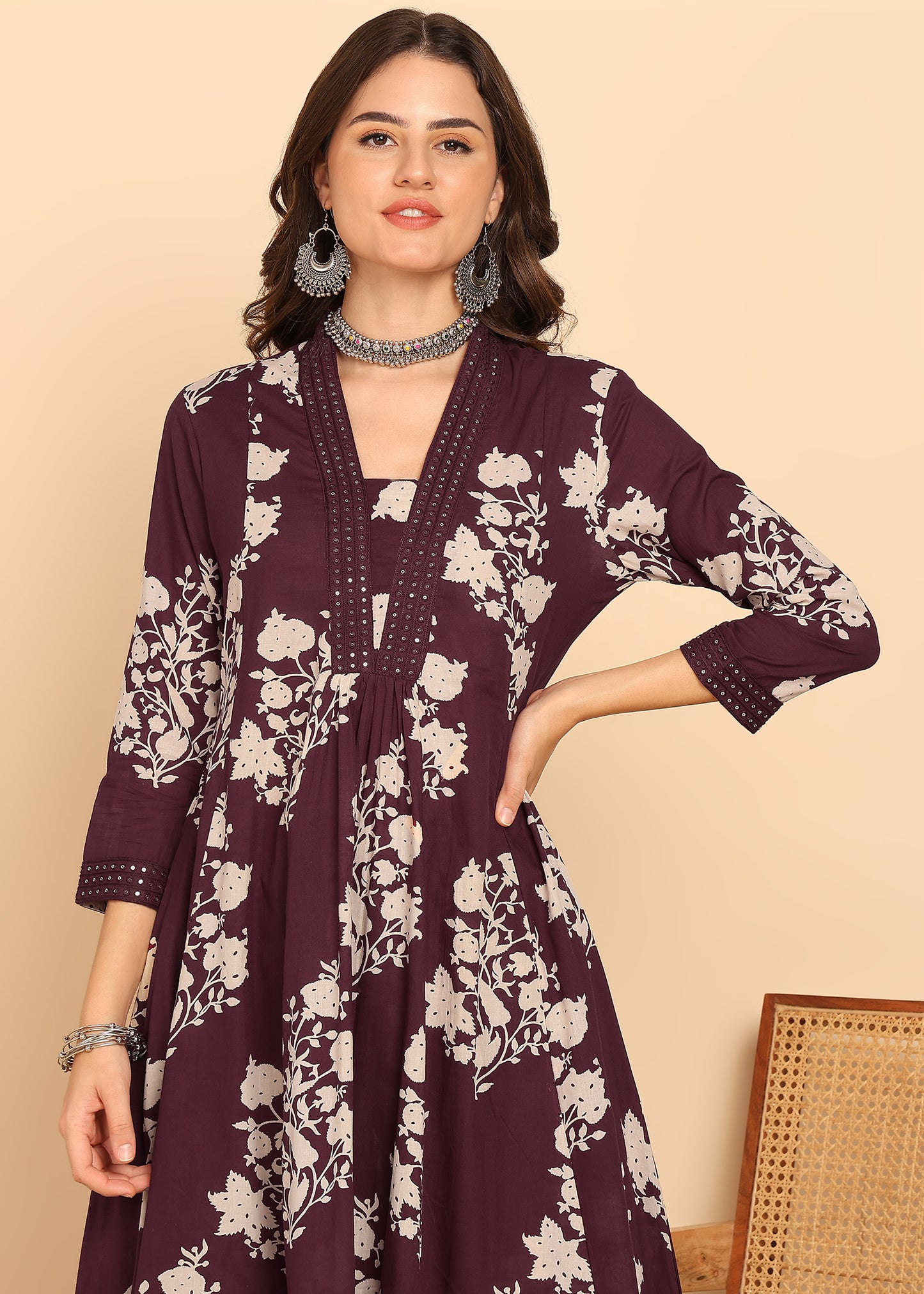 Wine Floral Printed Anarakali Cotton Stitched Kurta, Palazzo With Dupatta