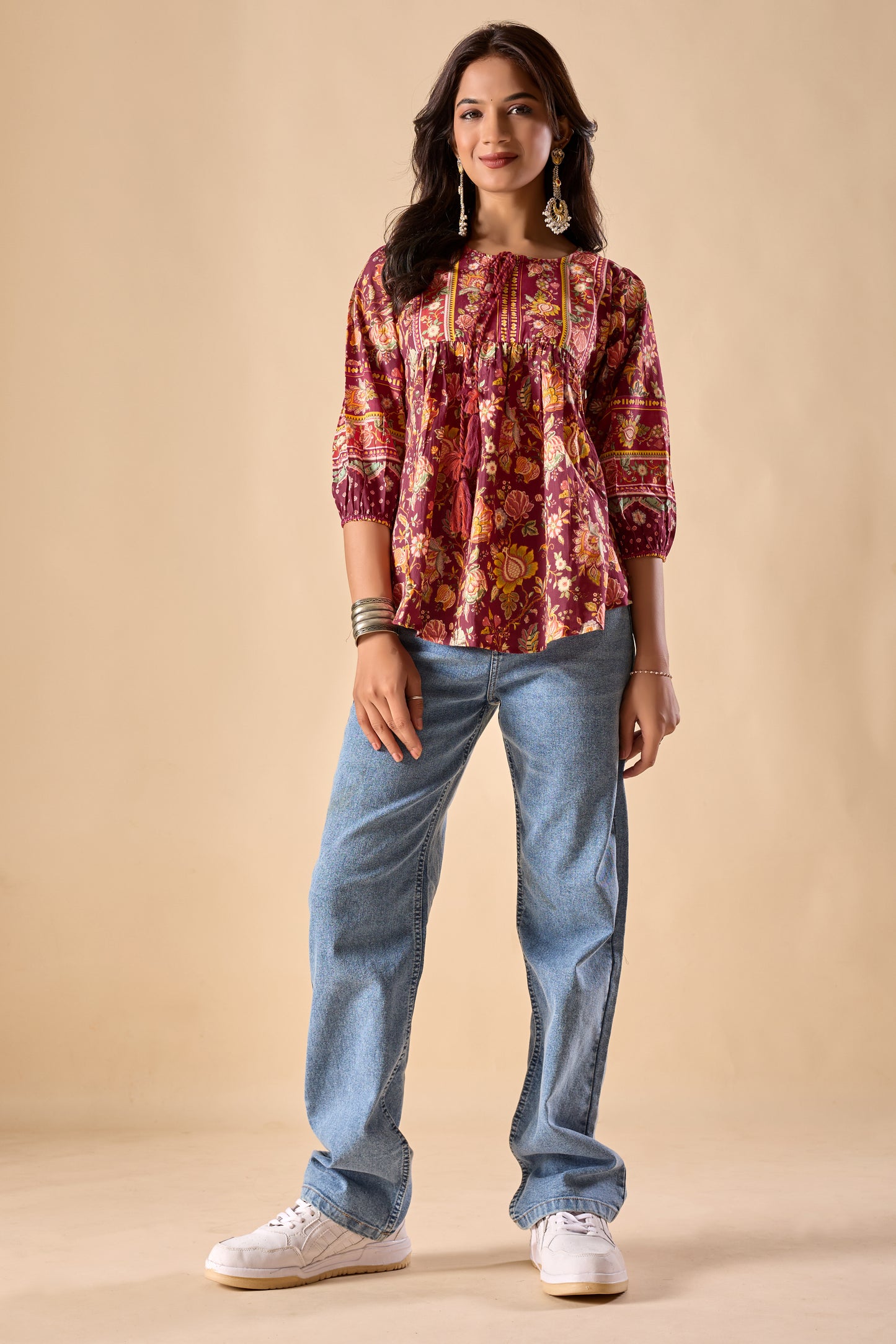 Red Floral Printed A-Line Cotton Stitched Top