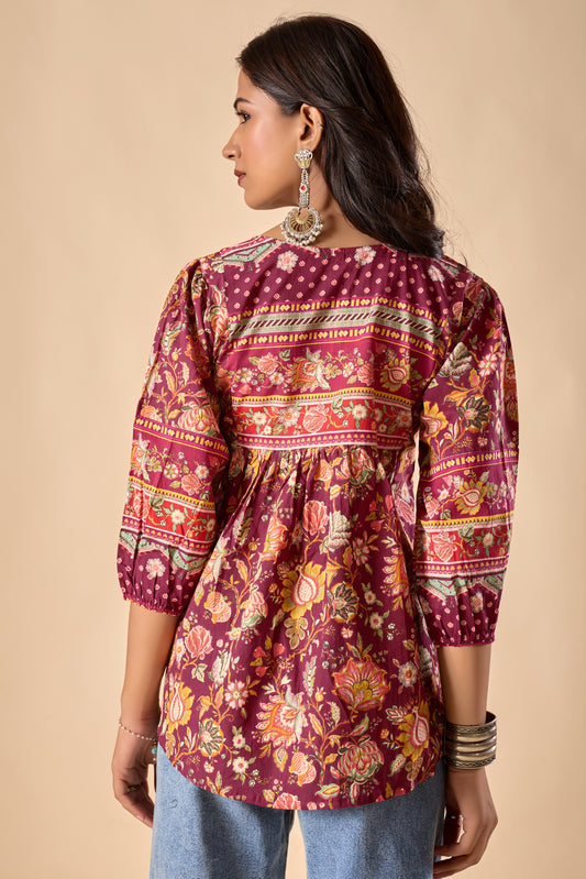 Red Floral Printed A-Line Cotton Stitched Top