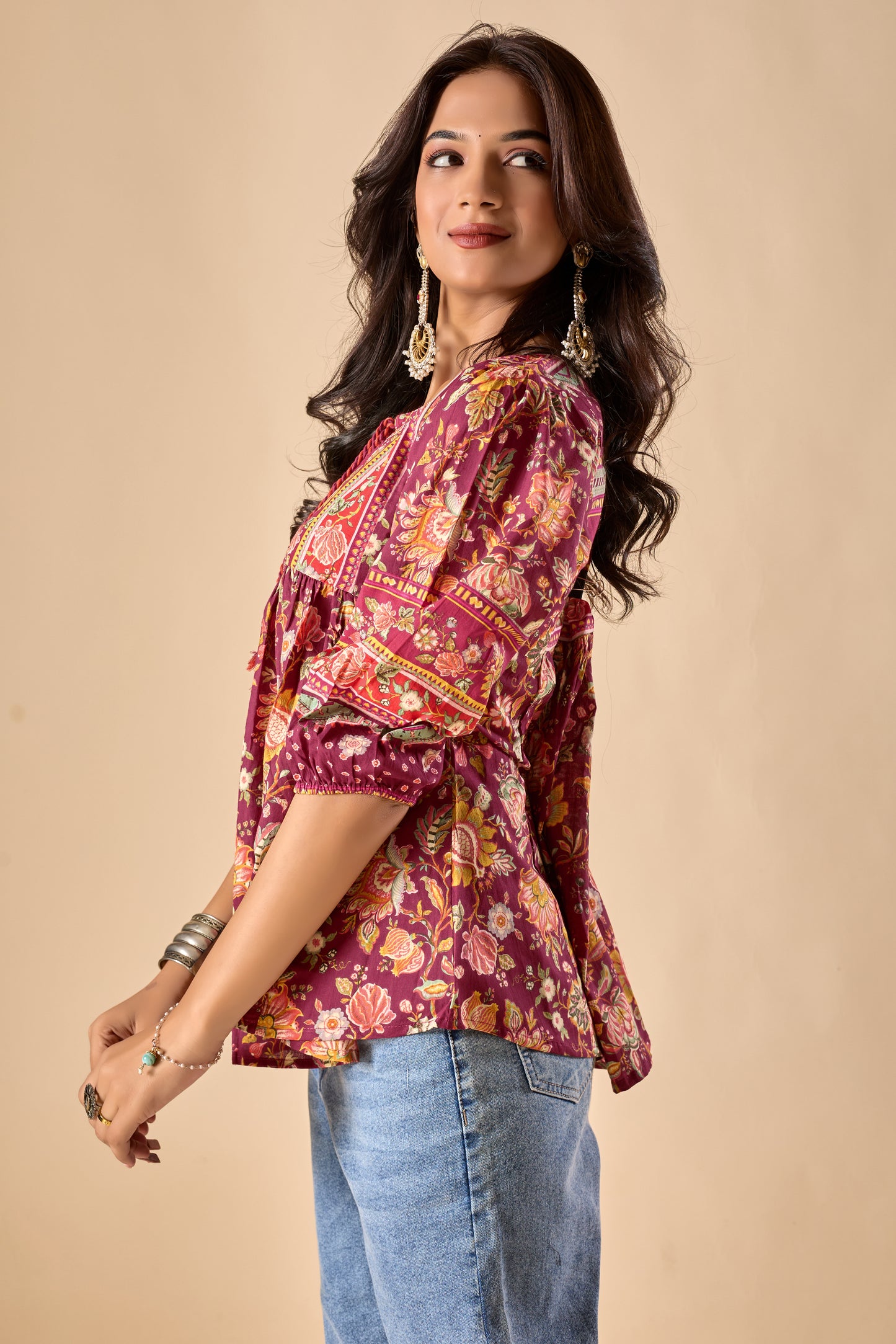 Red Floral Printed A-Line Cotton Stitched Top