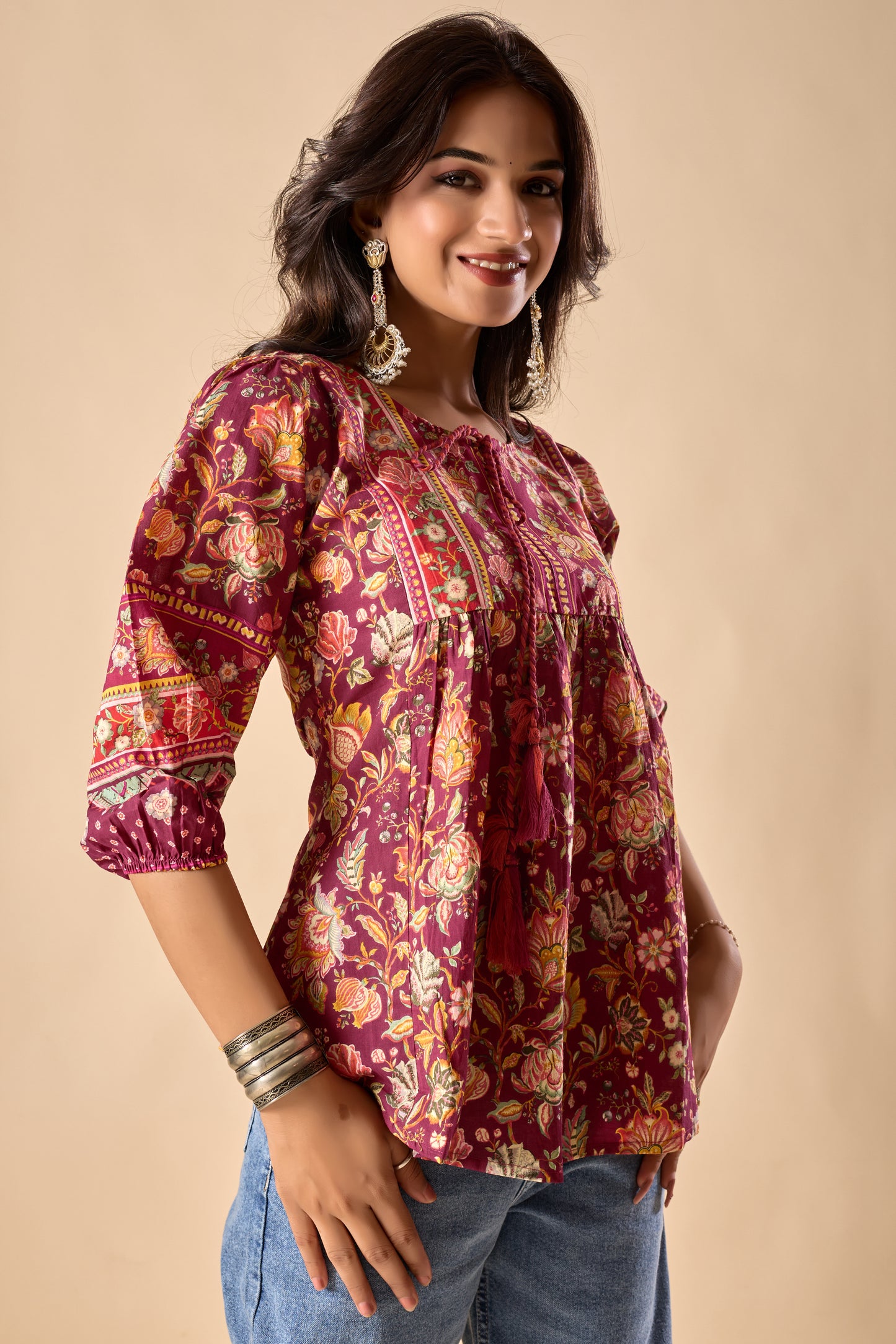 Red Floral Printed A-Line Cotton Stitched Top