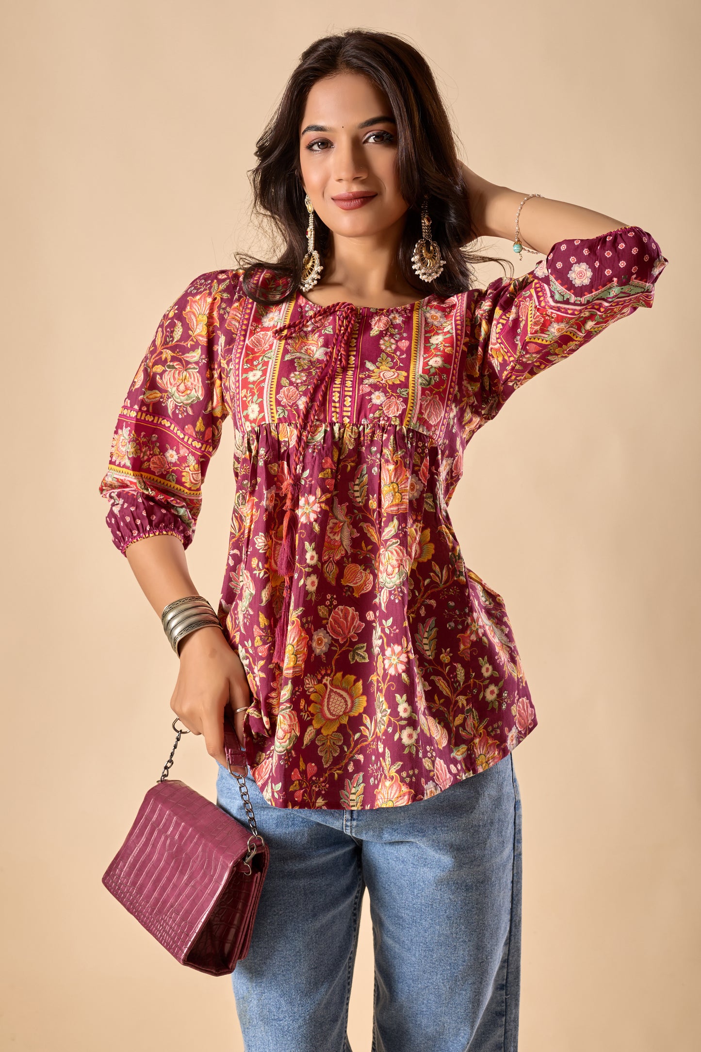 Red Floral Printed A-Line Cotton Stitched Top