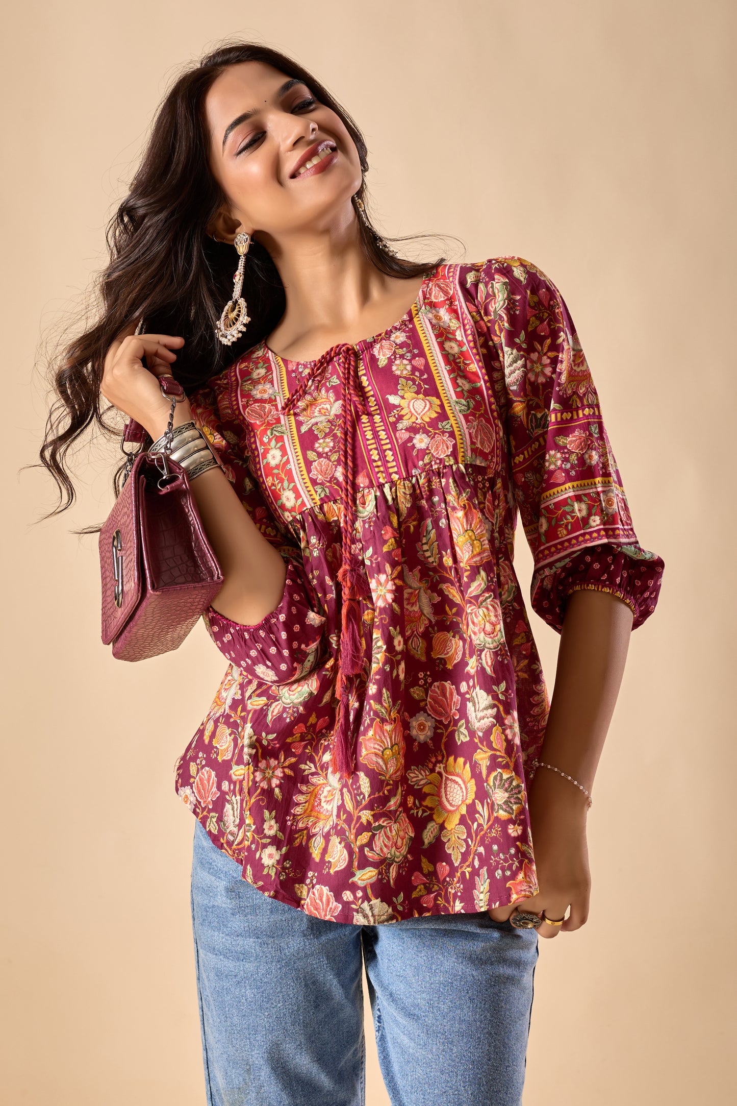 Red Floral Printed A-Line Cotton Stitched Top