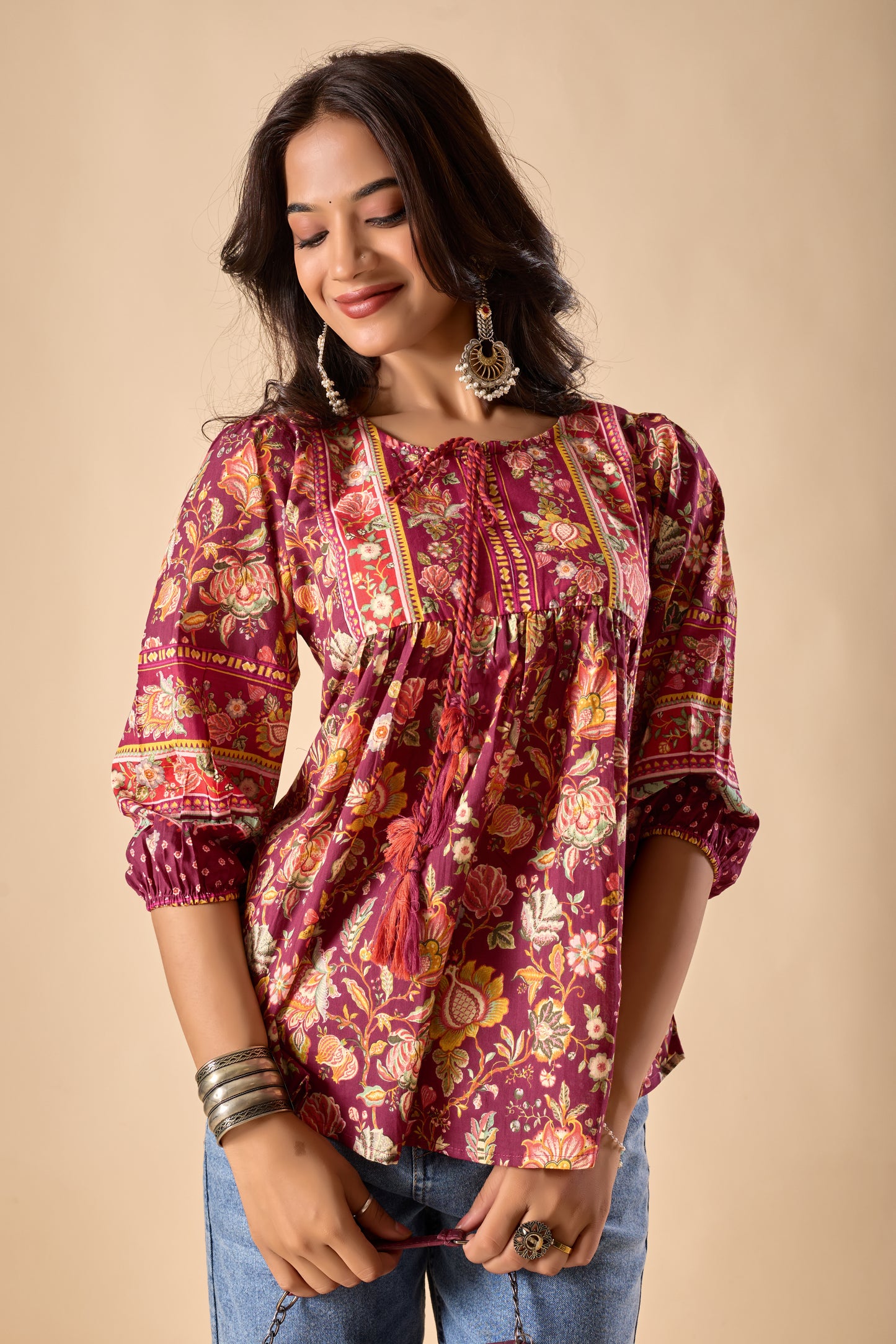 Red Floral Printed A-Line Cotton Stitched Top