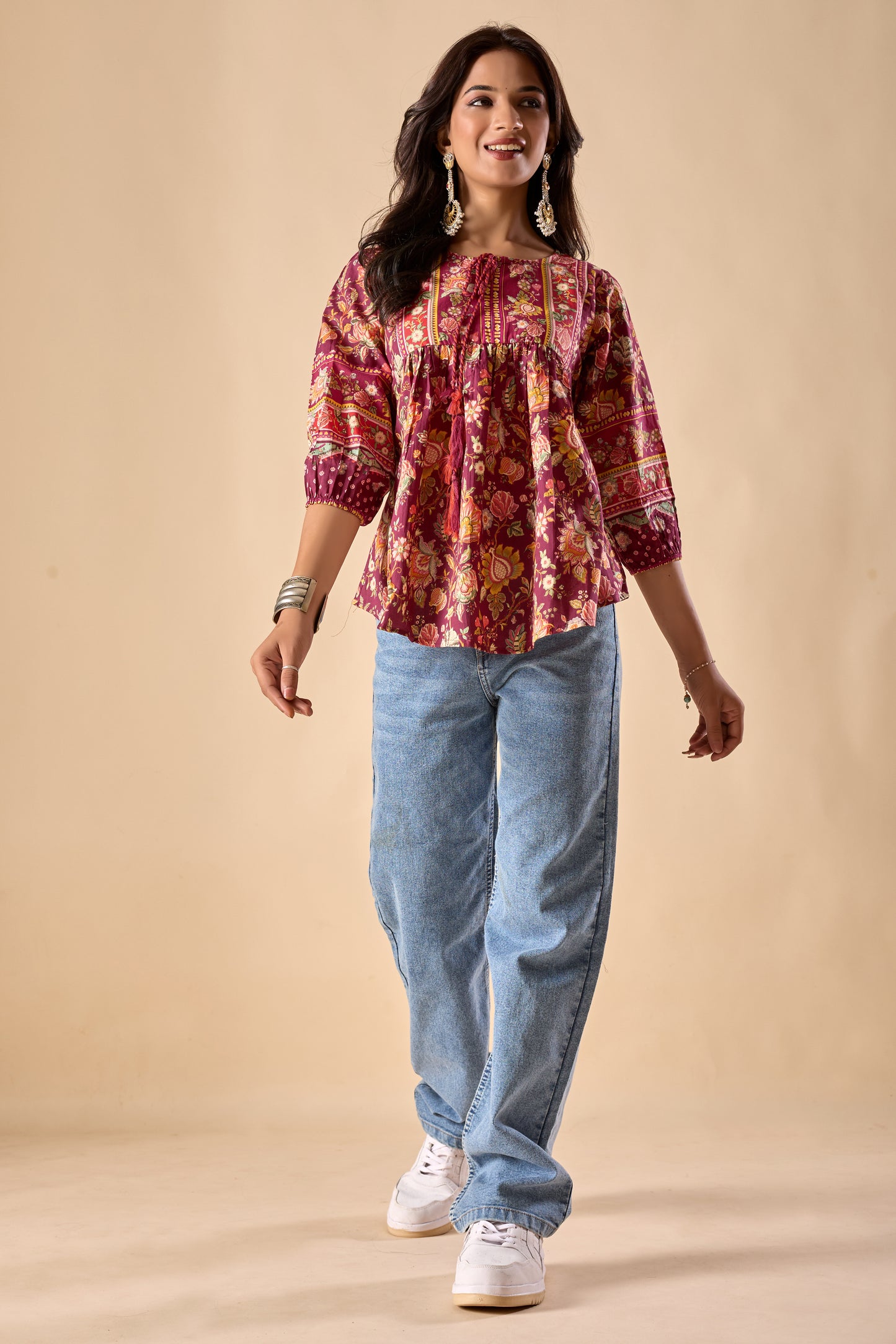 Red Floral Printed A-Line Cotton Stitched Top