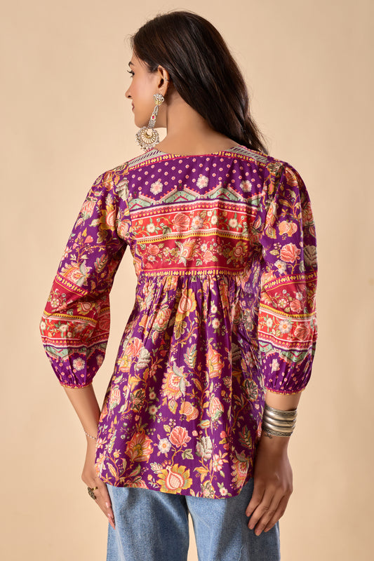 Purple Floral Printed A-Line Cotton Stitched Top