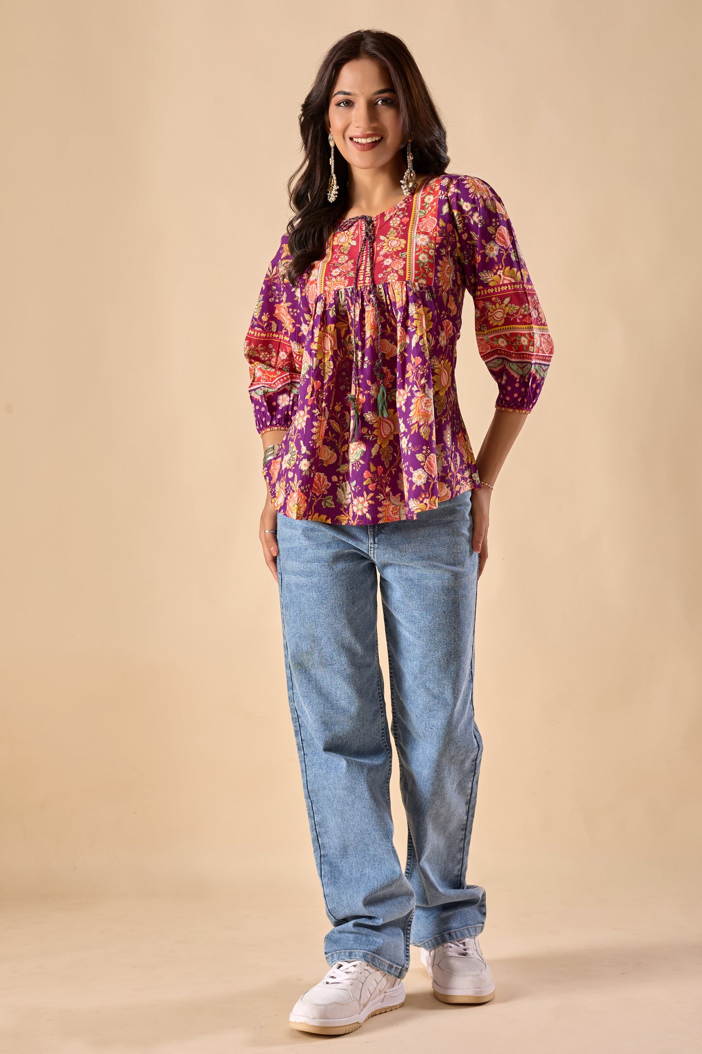 Purple Floral Printed A-Line Cotton Stitched Top