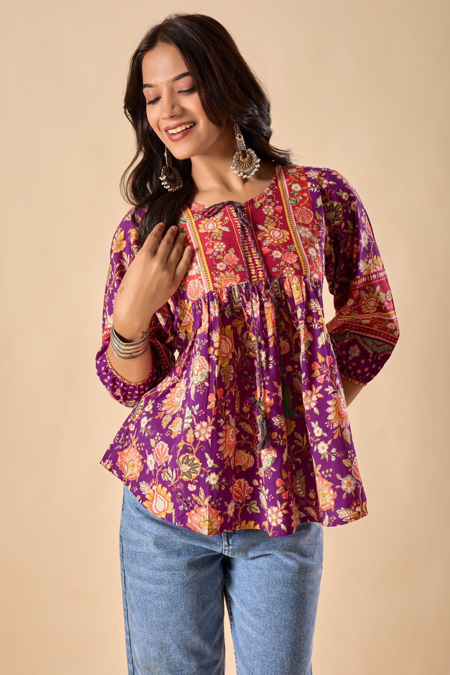Purple Floral Printed A-Line Cotton Stitched Top