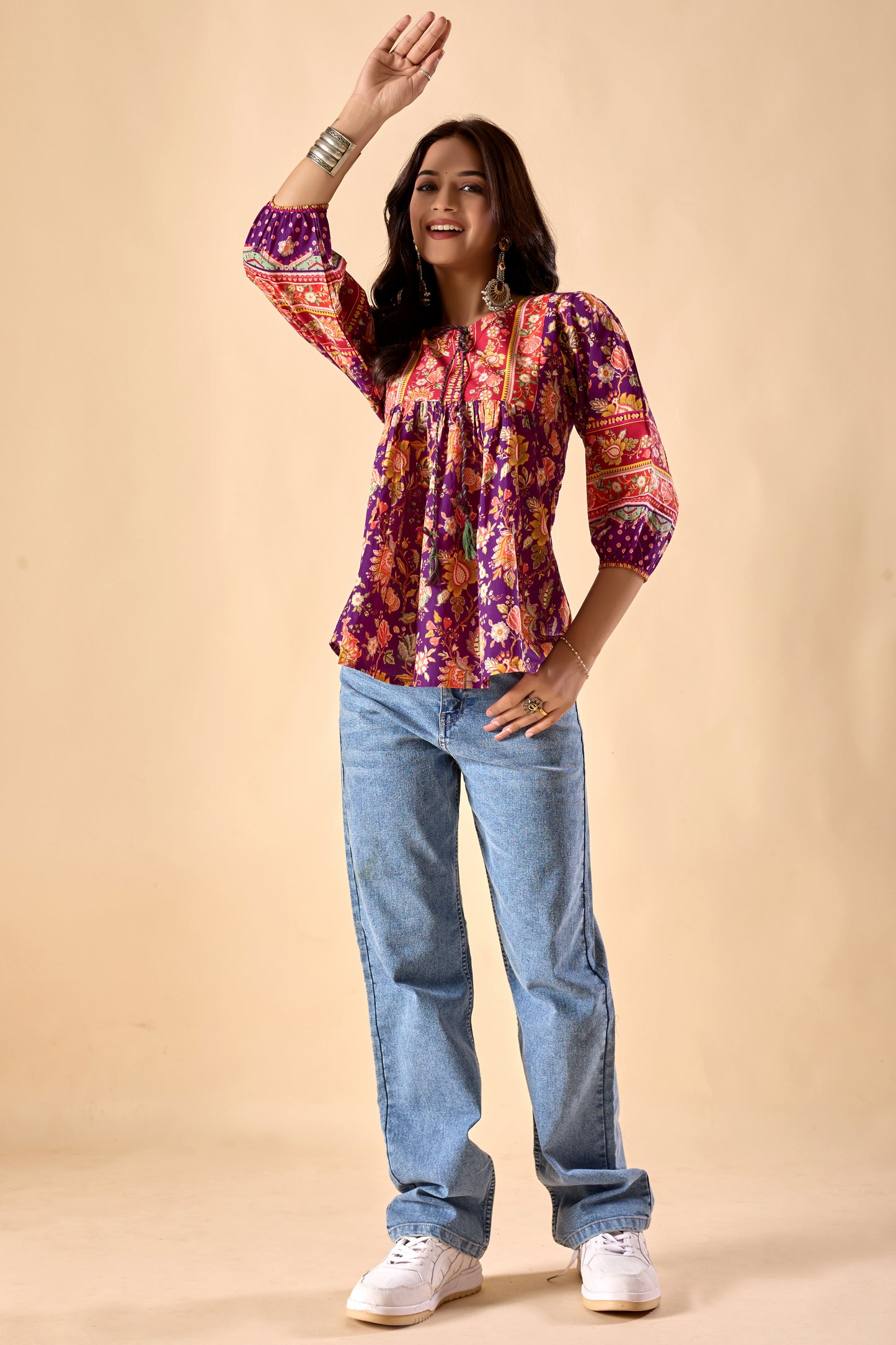 Purple Floral Printed A-Line Cotton Stitched Top