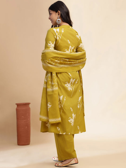 Mehendi Green Floral Print A-line Cotton Stitched Kurta Set
